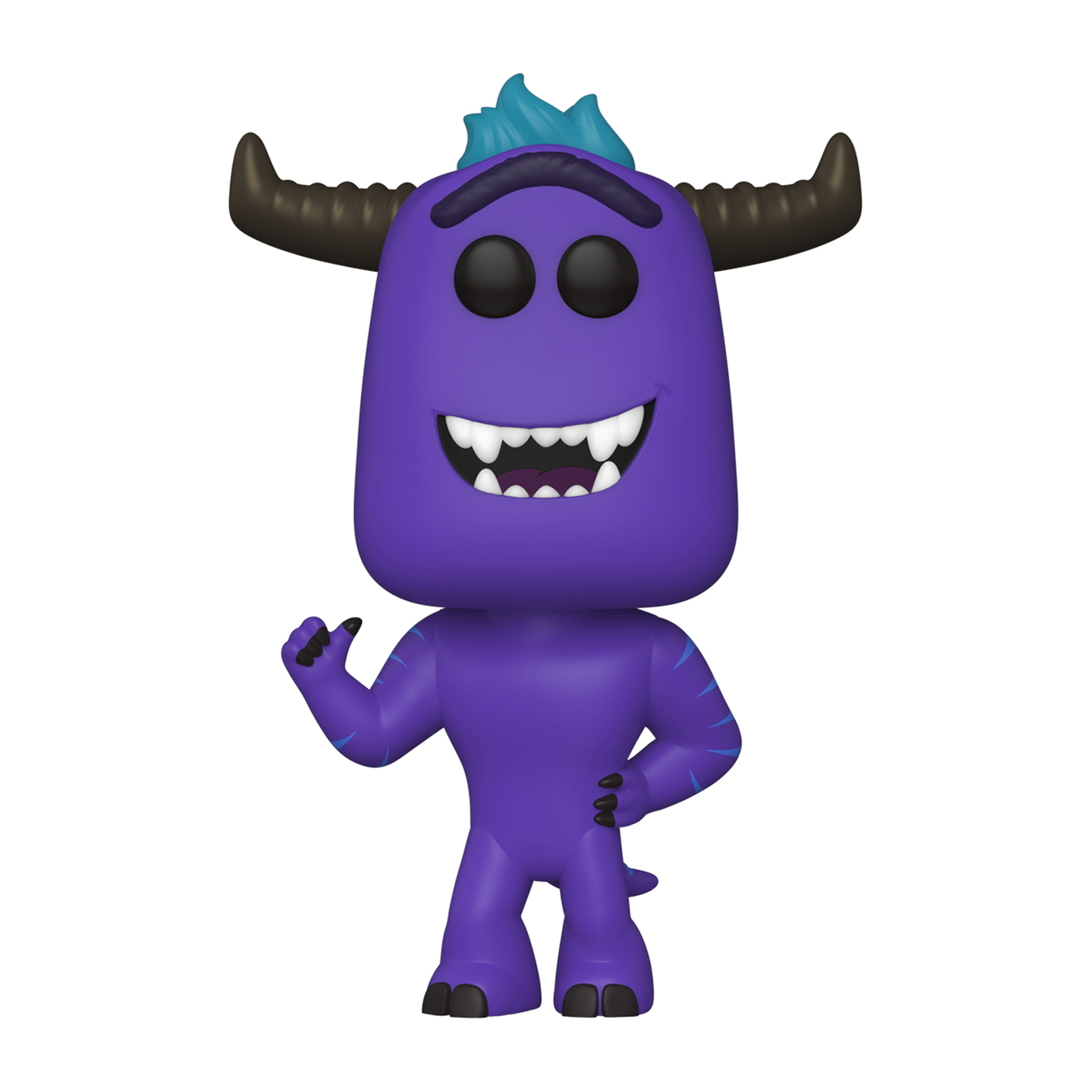 Statuetta Funko Pop di un mostro viola con corna, sorridente e che saluta.