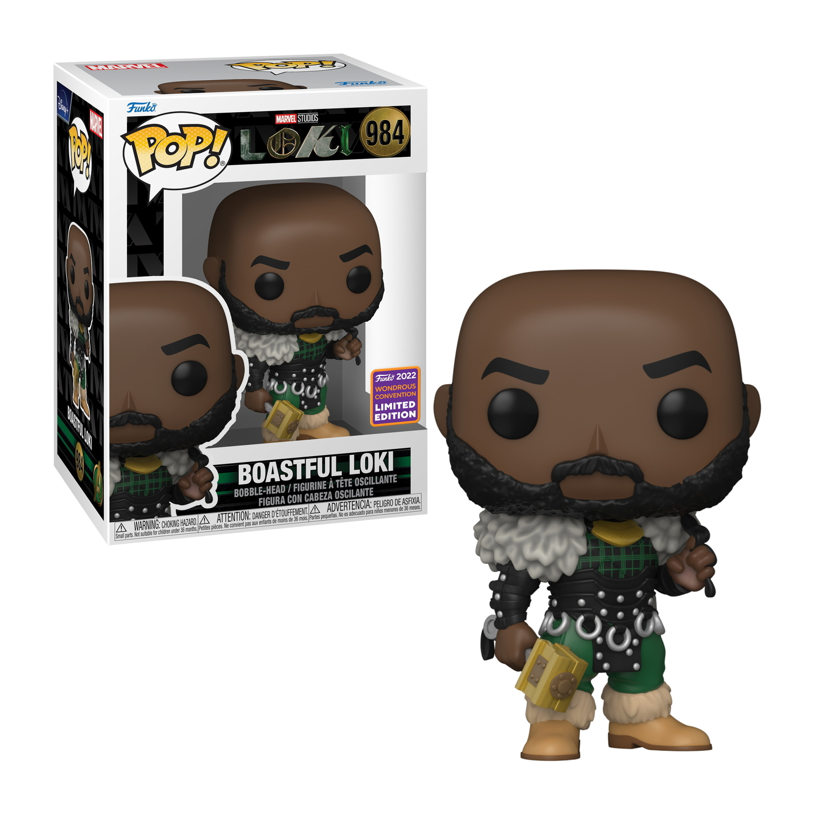 Funko Pop Figur von Boastful Loki mit Box. Figur hat Bart, gehörnten Helm, hält Waffe.