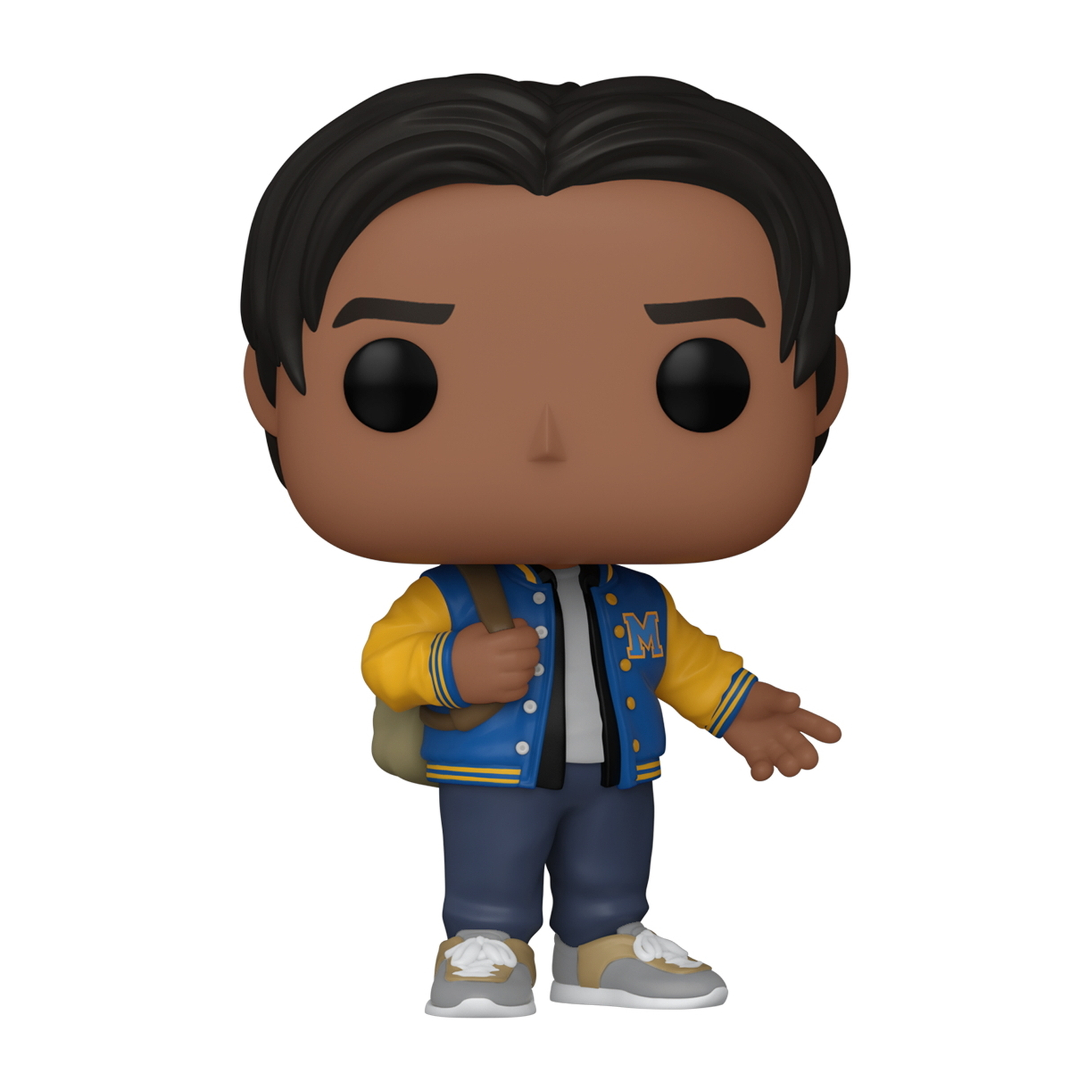 Figura Funko Pop de un hombre con una chaqueta azul y amarilla.