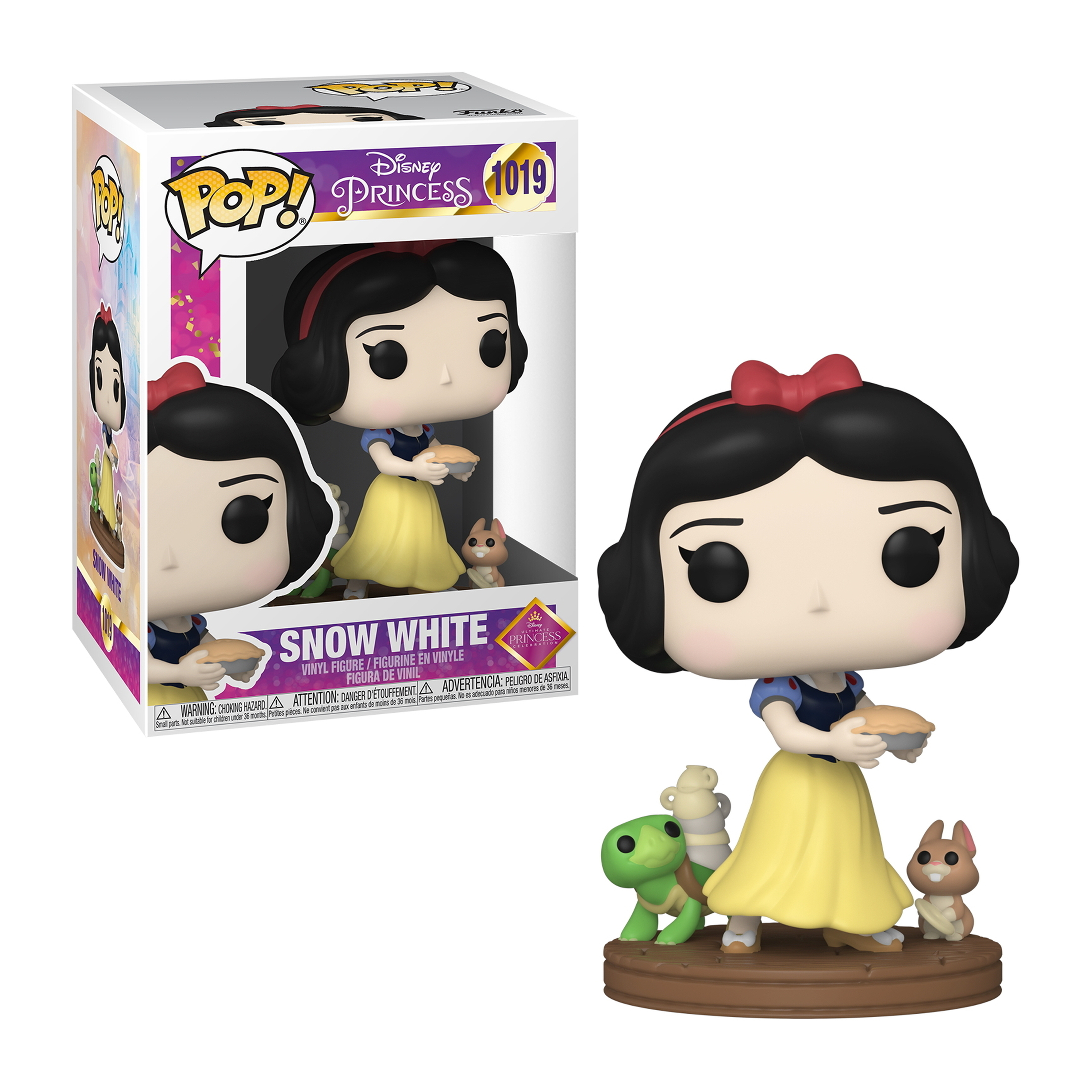 Figura Funko Pop di Biancaneve con una torta, con una tartaruga e un coniglio accanto.