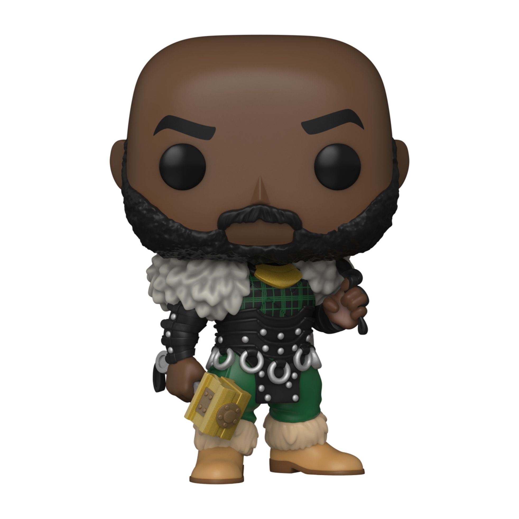 Eine Funko Pop Figur eines glatzköpfigen, bärtigen Mannes in Kriegerkleidung. Hält einen Hammer.