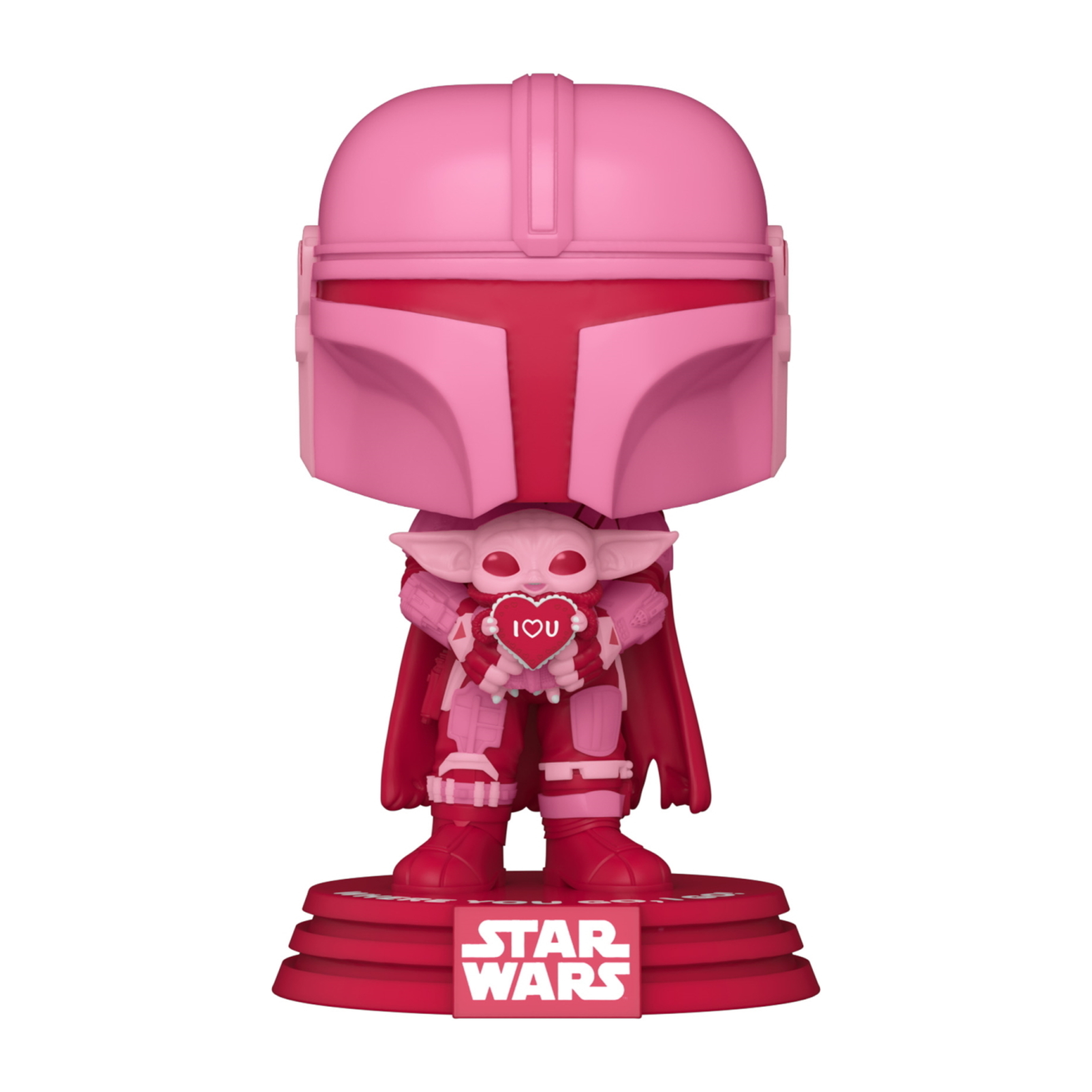 Eine rosa Mandalorian Funko Pop Figur, die ein herzförmiges Schild mit der Aufschrift 'I ❤️ U' hält.