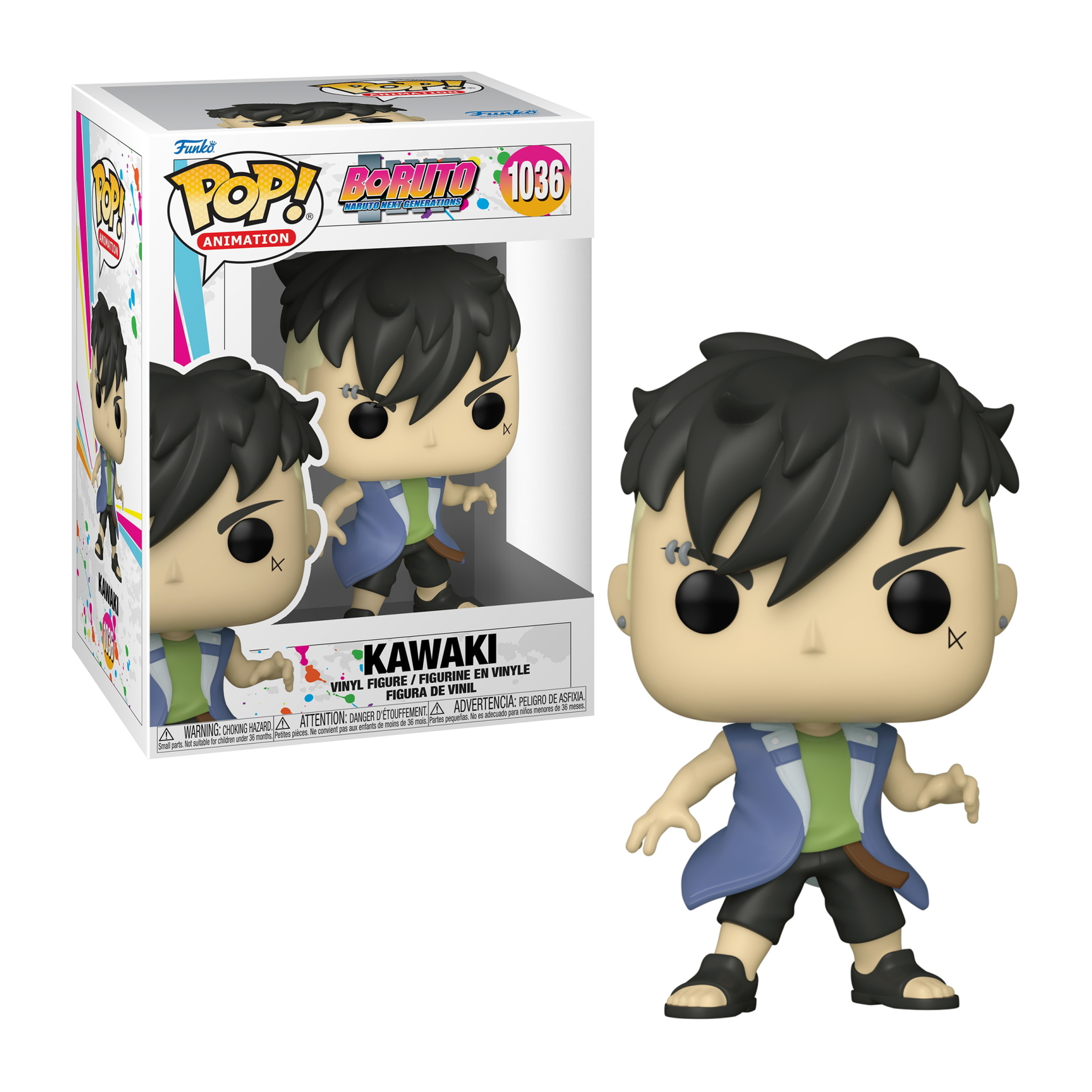 Figura di Kawaki Funko Pop in scatola e fuori. Kawaki è un personaggio con i capelli neri.