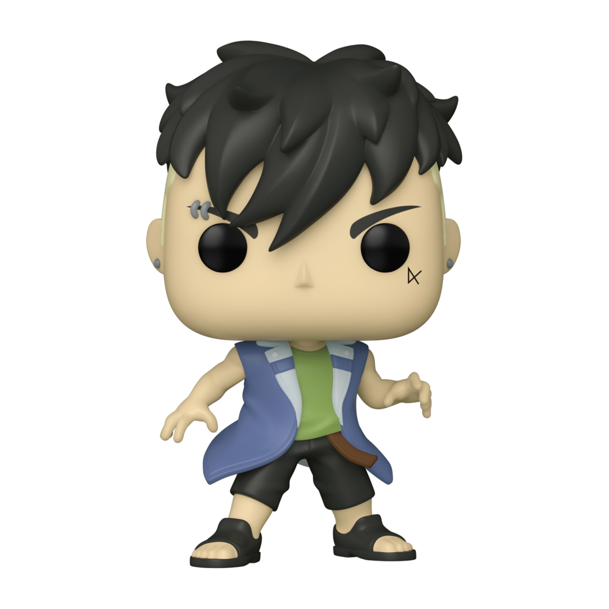 Figura Funko Pop di un personaggio dei cartoni animati. Capelli neri e pantaloncini.