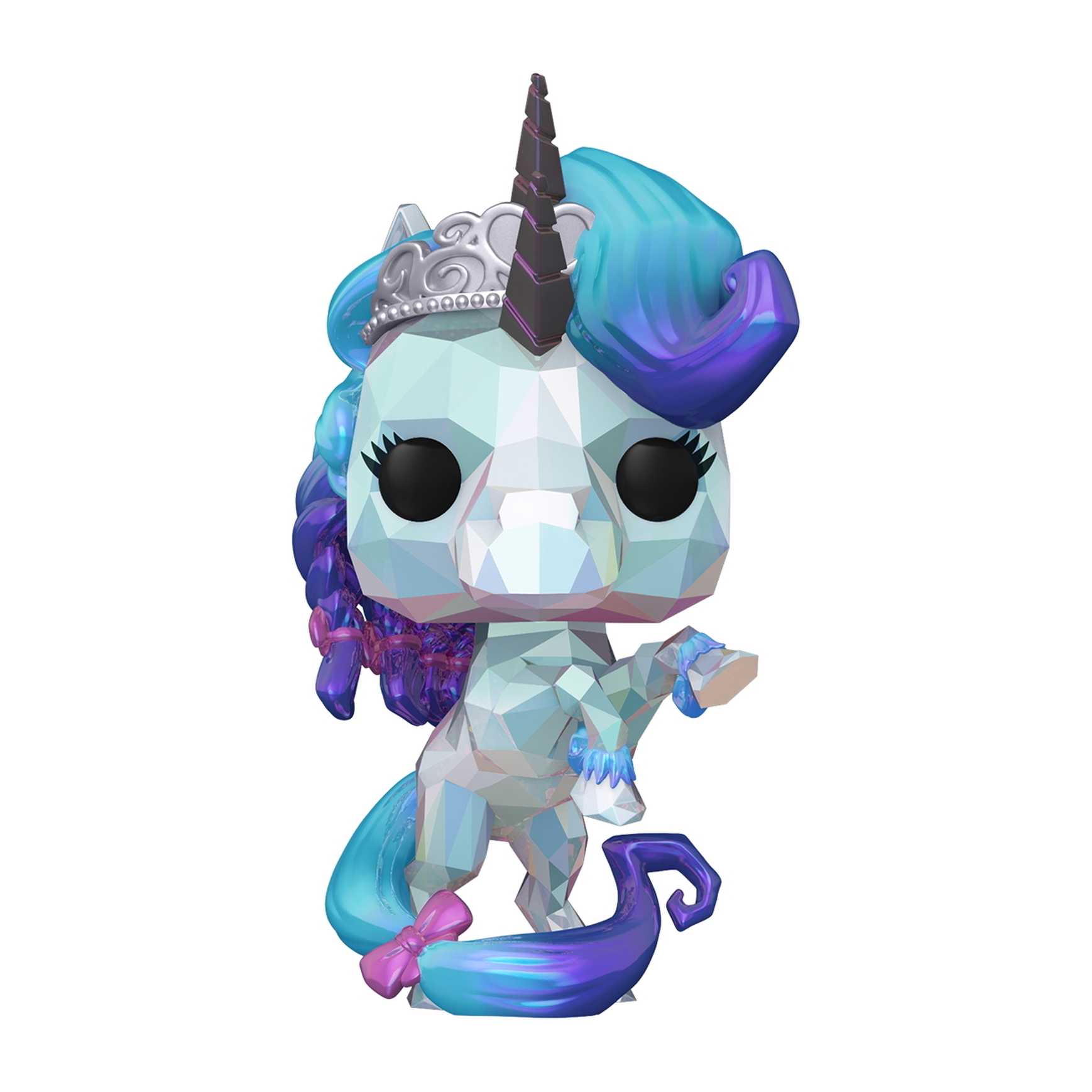 Una figura Funko Pop di un unicorno geometrico con corona d'argento e criniera blu.