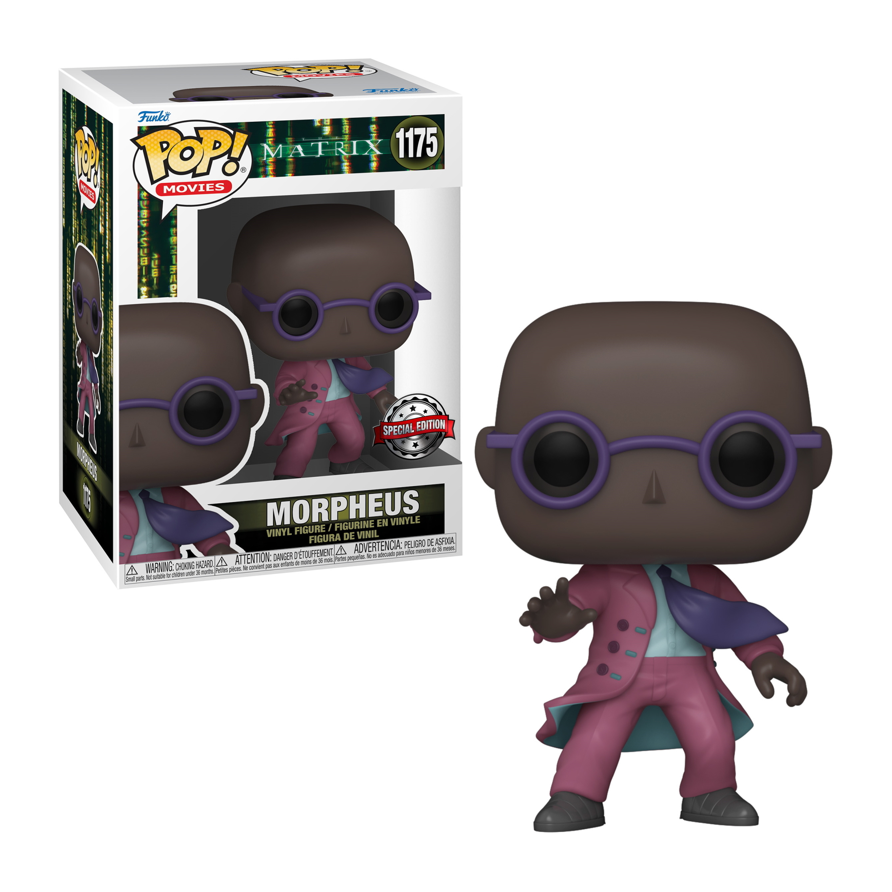 Una figura Funko Pop di Morpheus da The Matrix, con occhiali e un completo rosa.
