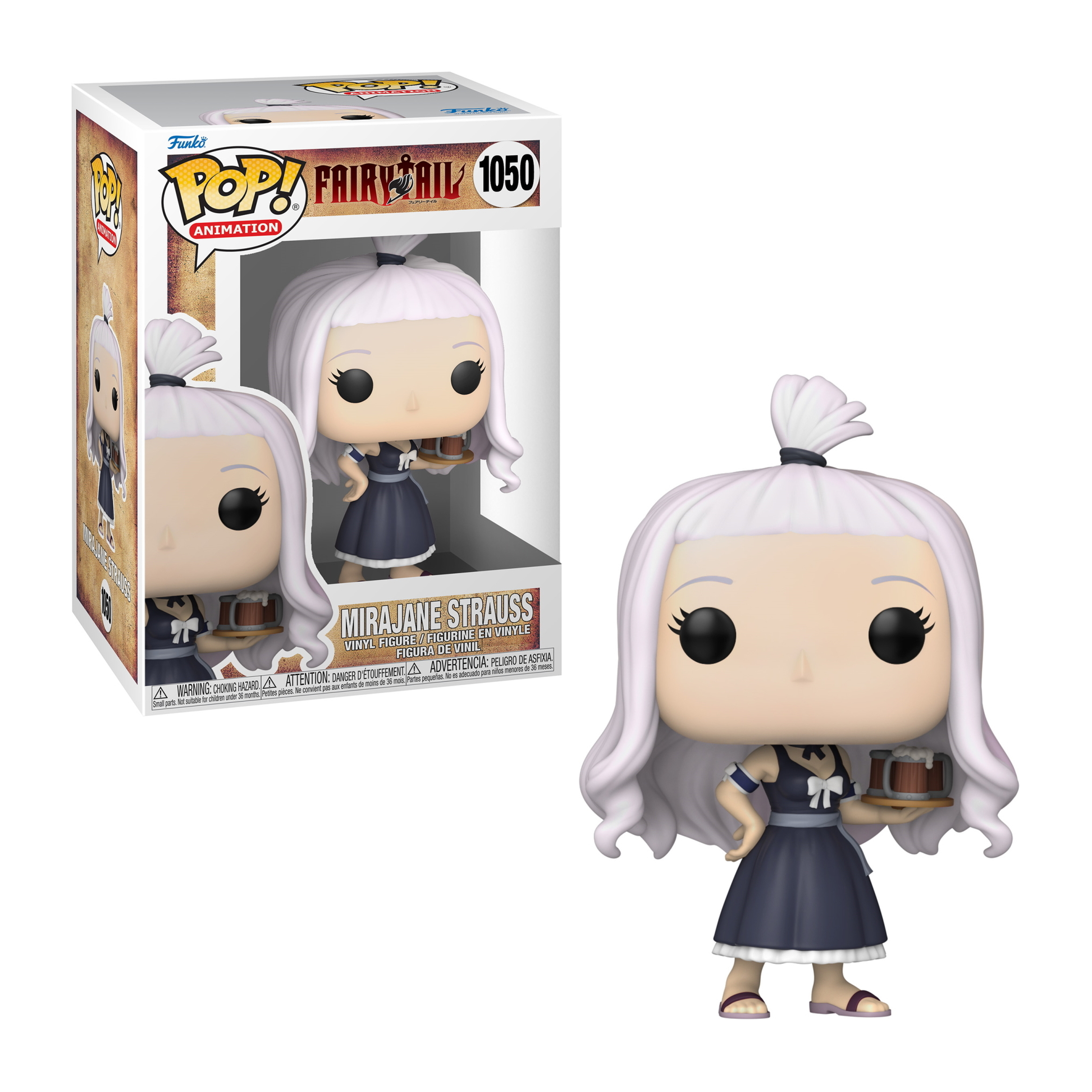 Figura Funko Pop di Mirajane Strauss in una scatola. Tiene delle tazze e indossa un vestito blu.
