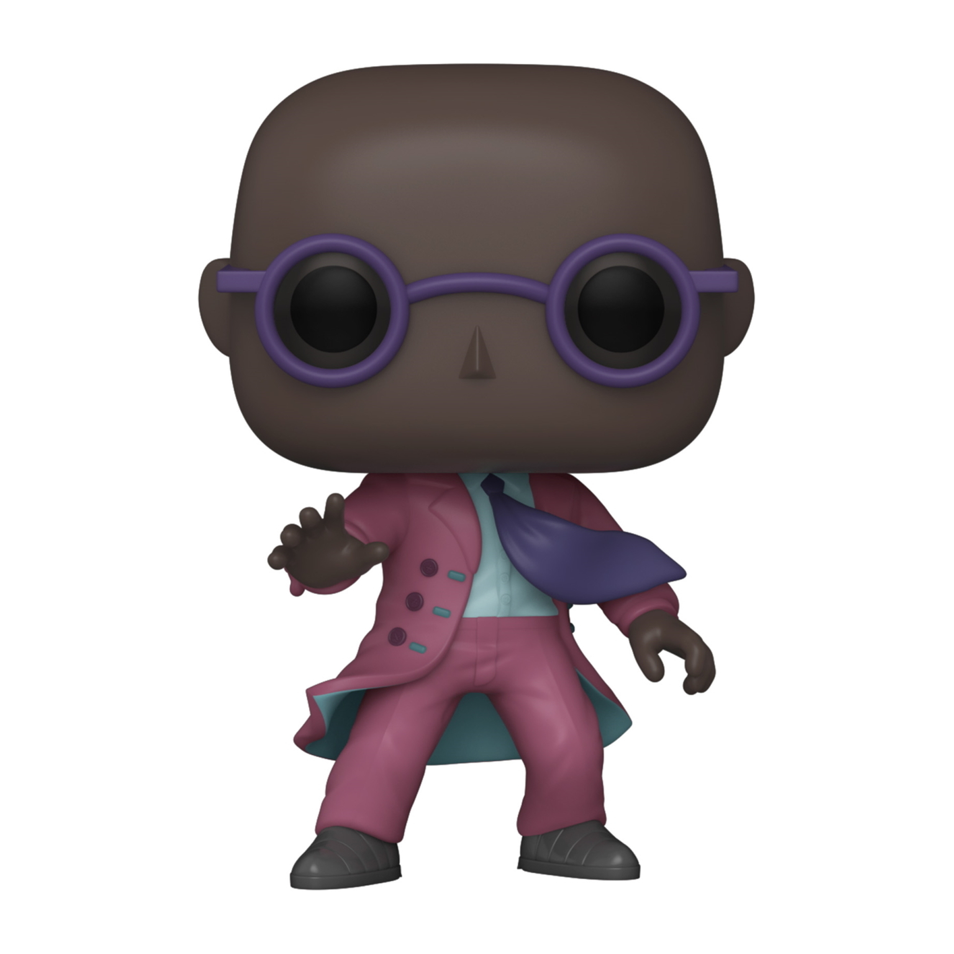 Una figura Funko Pop di un uomo in abito rosa e occhiali viola.