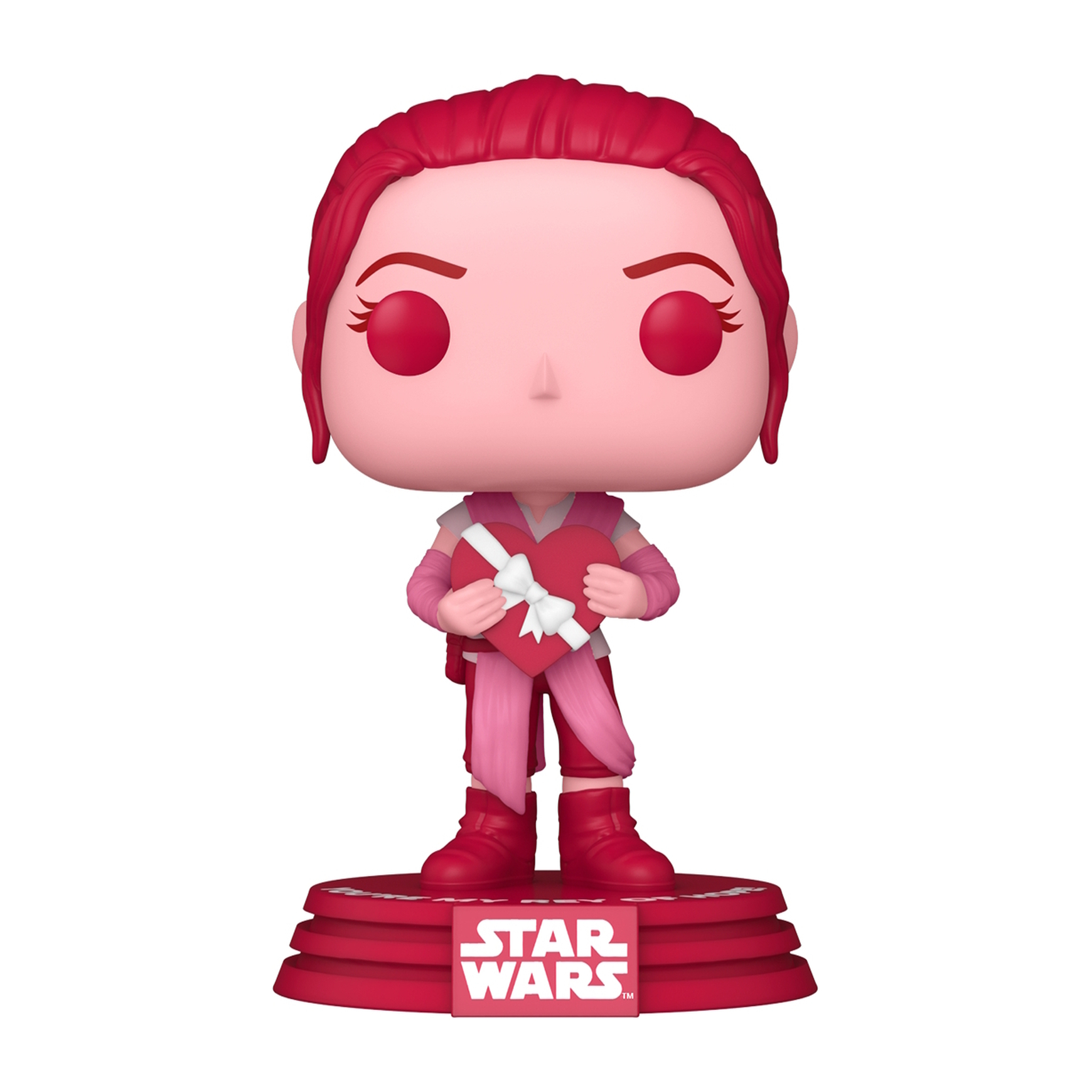 Figura Funko Pop di un personaggio rosa di Star Wars che tiene una scatola a forma di cuore su una base rossa.