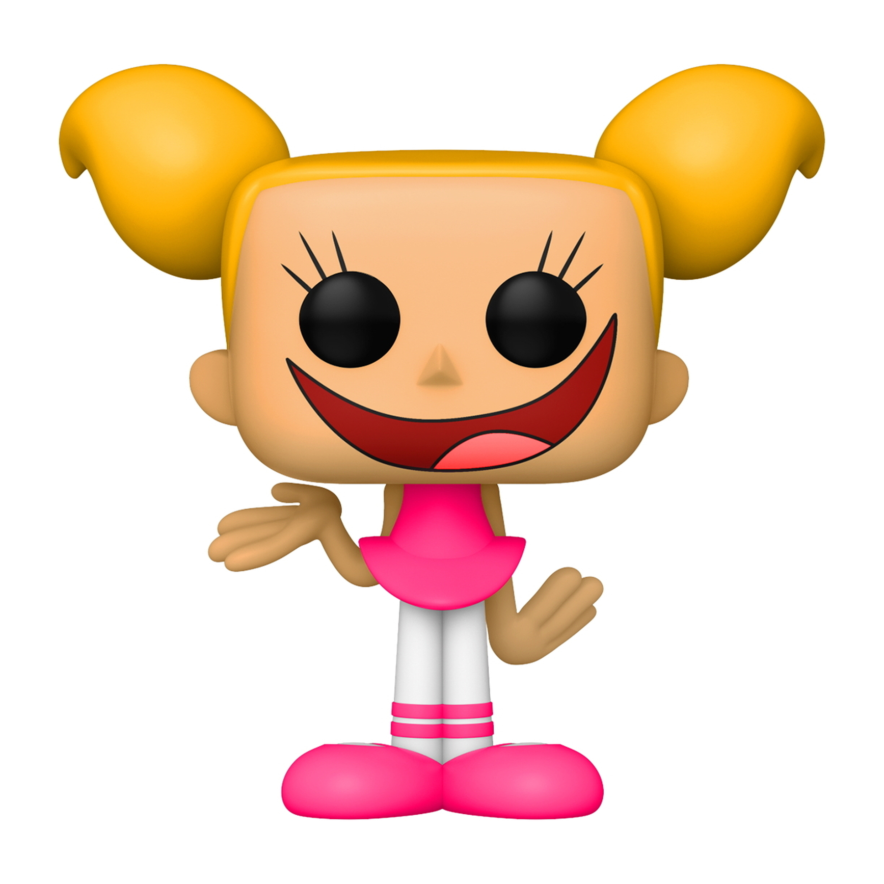 Figura Funko Pop di una ragazza dei cartoni animati con capelli gialli, occhi neri, abito rosa e un grande sorriso.