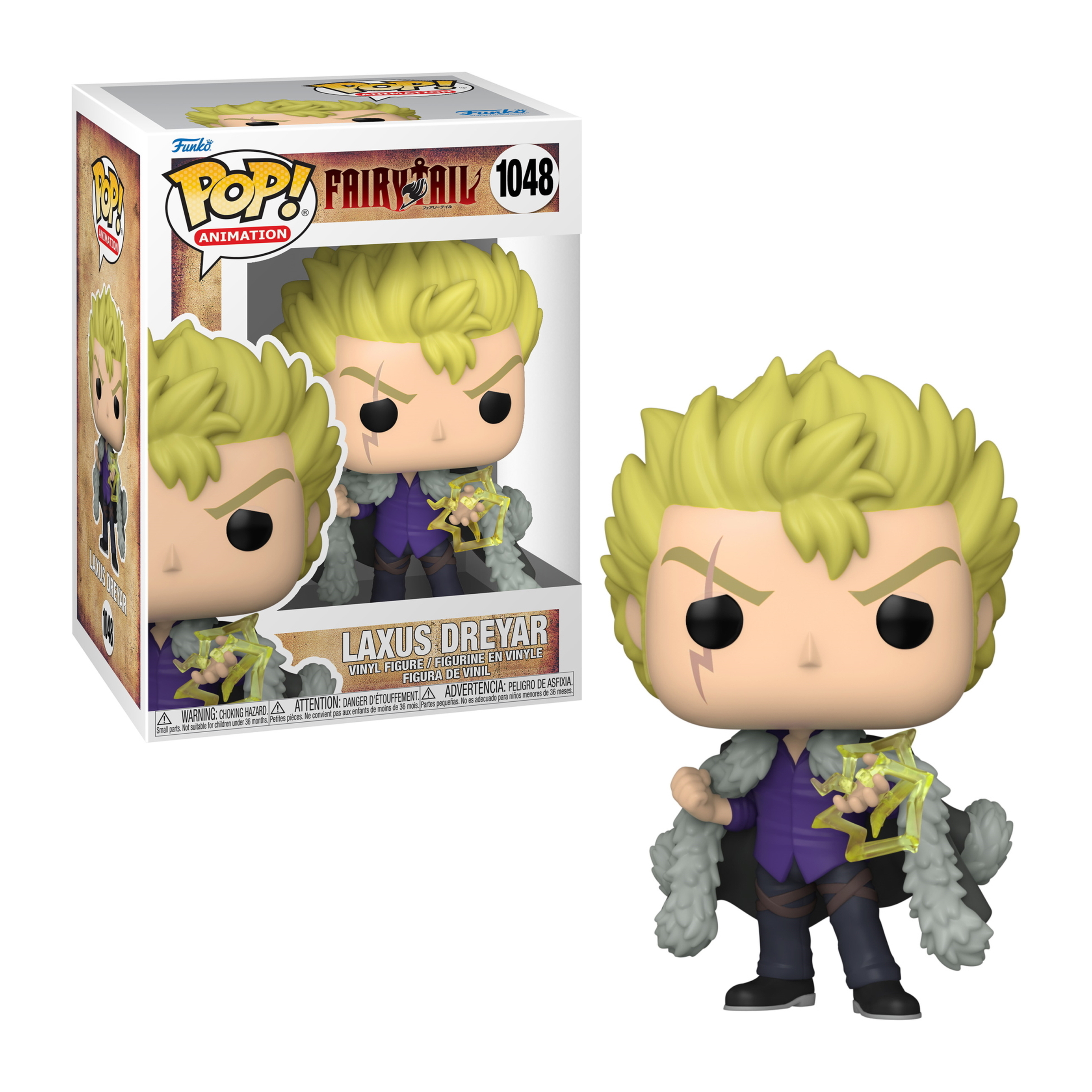 Funko Pop! Personaggio di Laxus Dreyar. La scatola e la figura sono visibili. Laxus ha i capelli gialli e tiene fulmini.