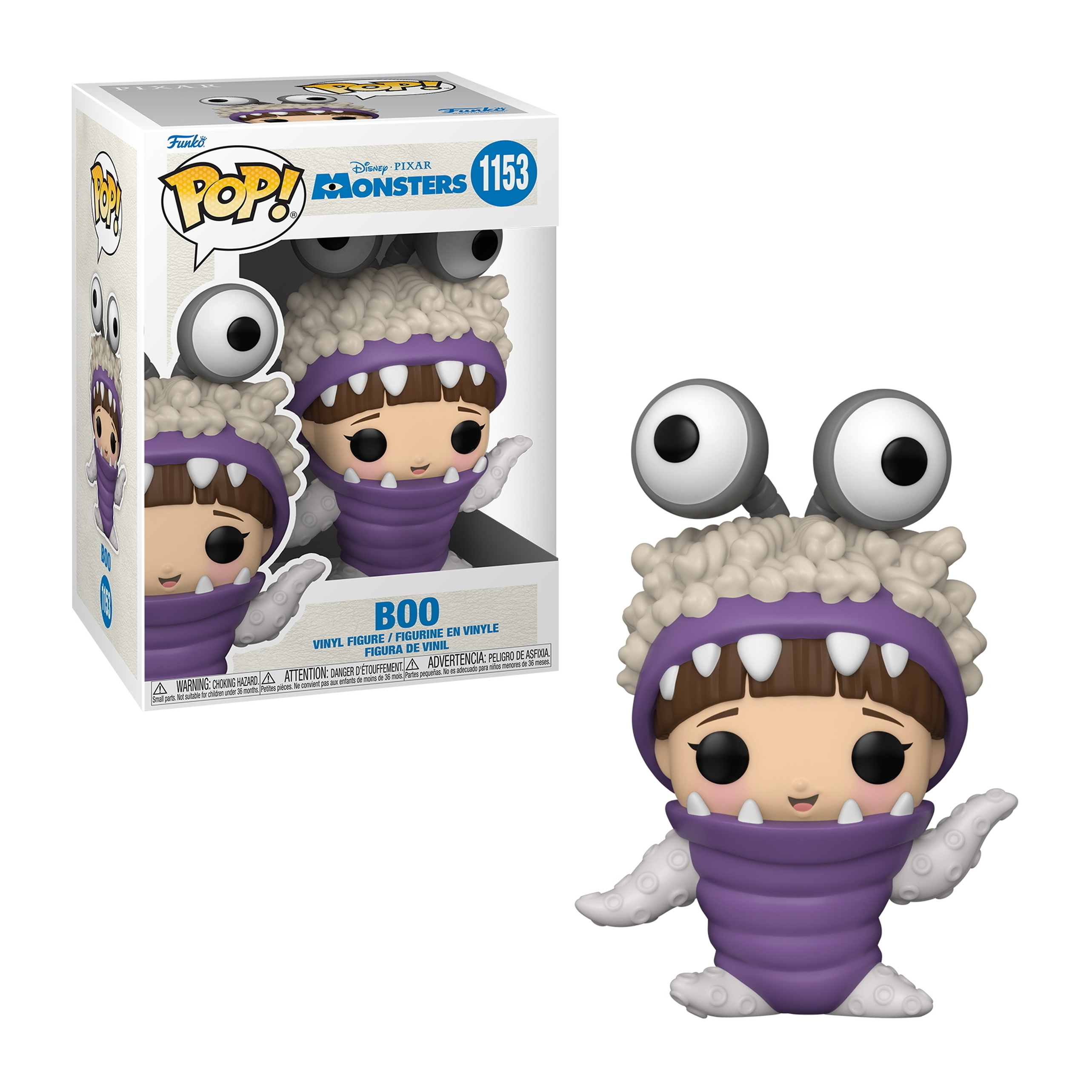 Funko Pop di Boo con scatola. Boo indossa un costume da mostro viola e ha grandi occhi.