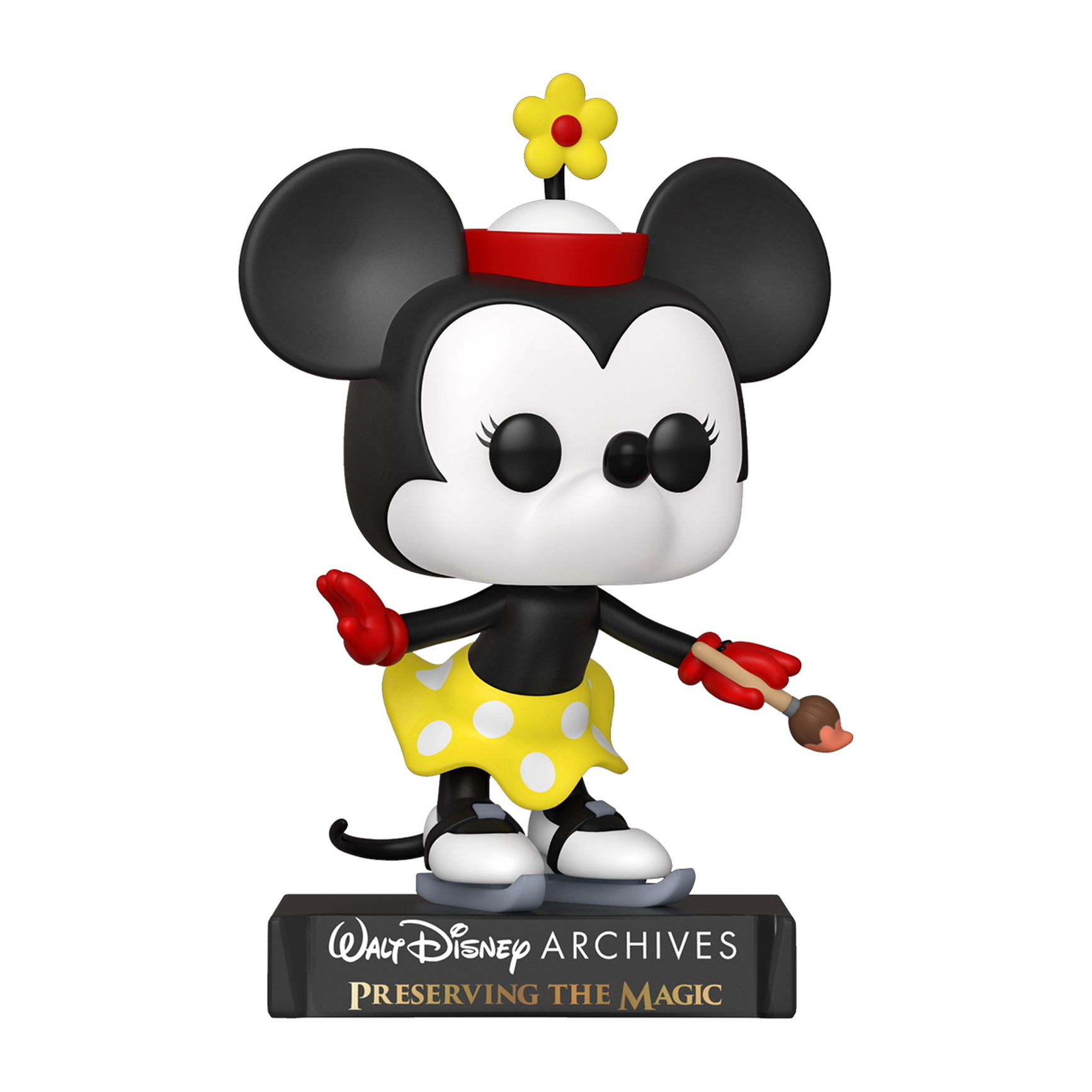 Figura Funko Pop di Minnie Mouse. Bianco e nero. Gonna gialla a pois bianchi, guanti rossi.