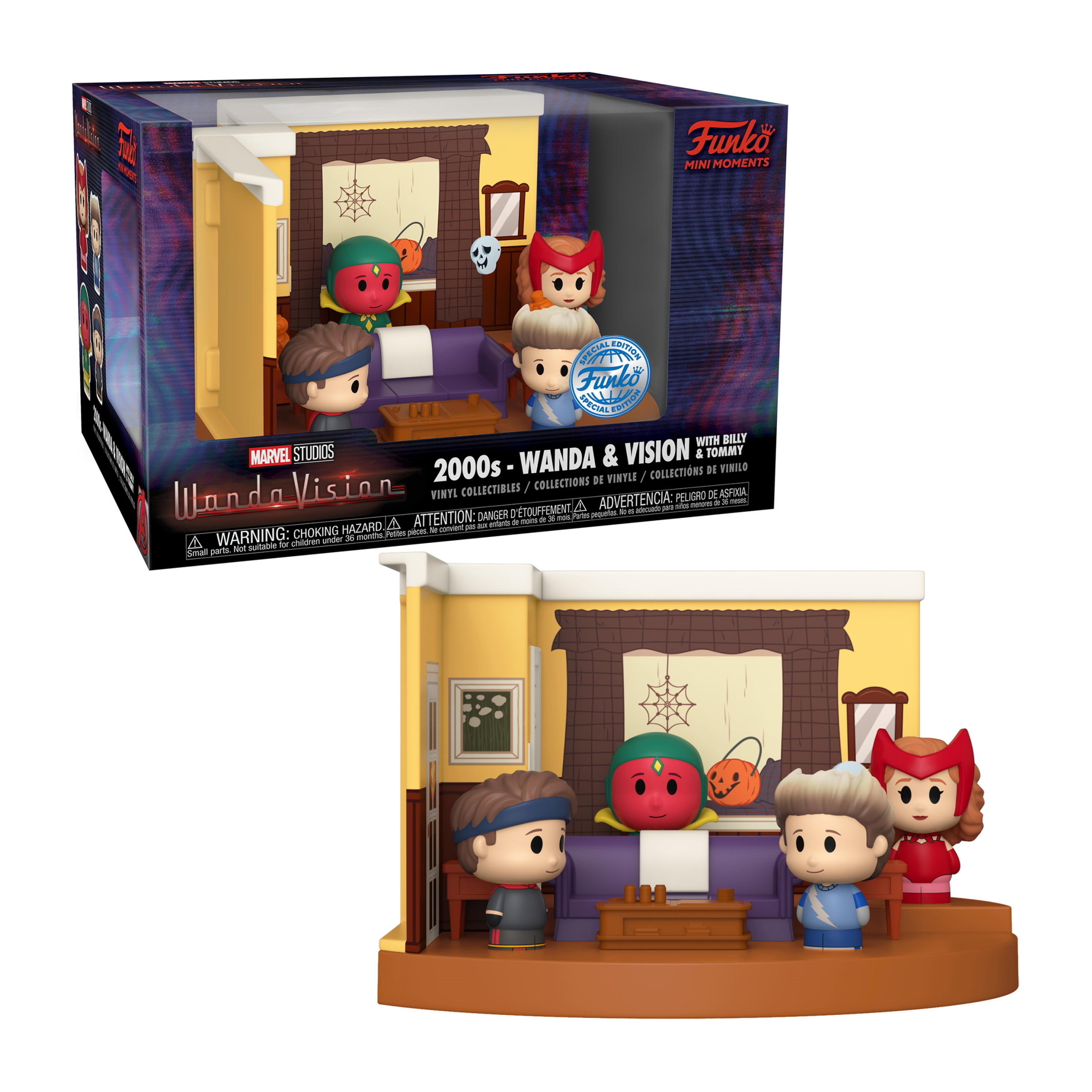 Set scatola Funko con personaggi di Wanda e Visione in un ambiente soggiorno con dettagli.