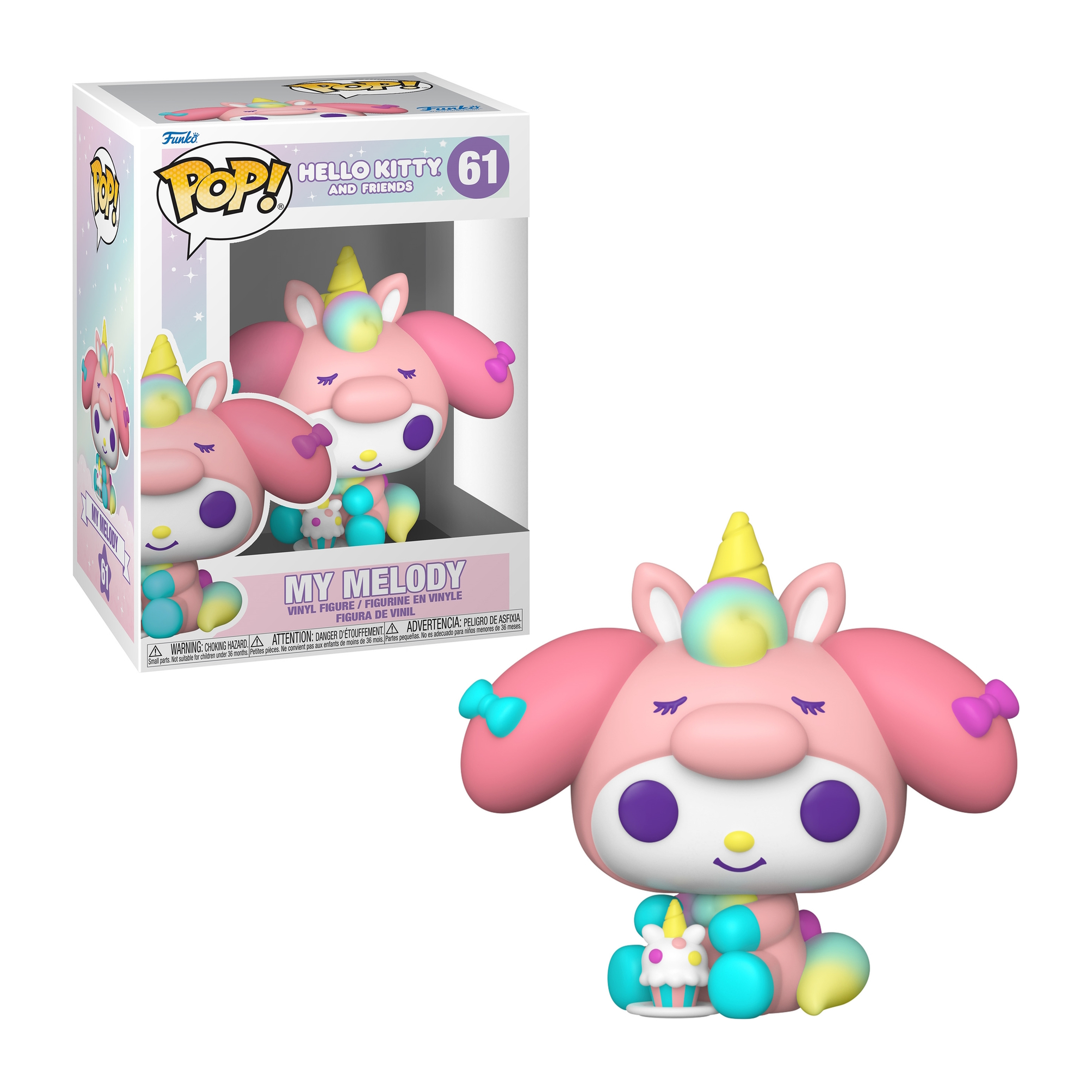 Figura Funko Pop My Melody. La caja está en el fondo. La figura es de color rosa.