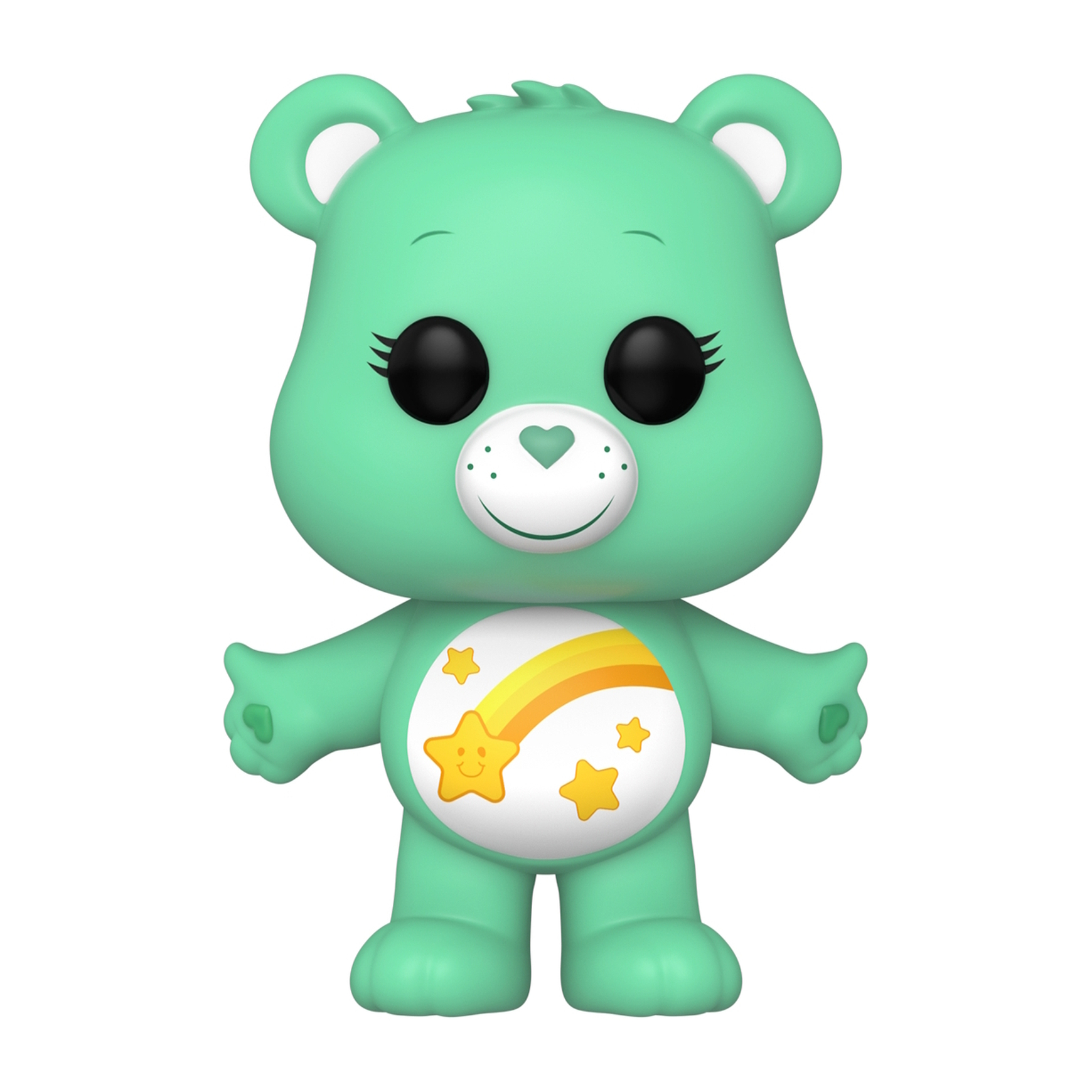 Ein türkisfarbenes Care Bear-Spielzeug mit einem sternförmigen Bauchabzeichen. Es hat schwarze Augen und ein Lächeln.
