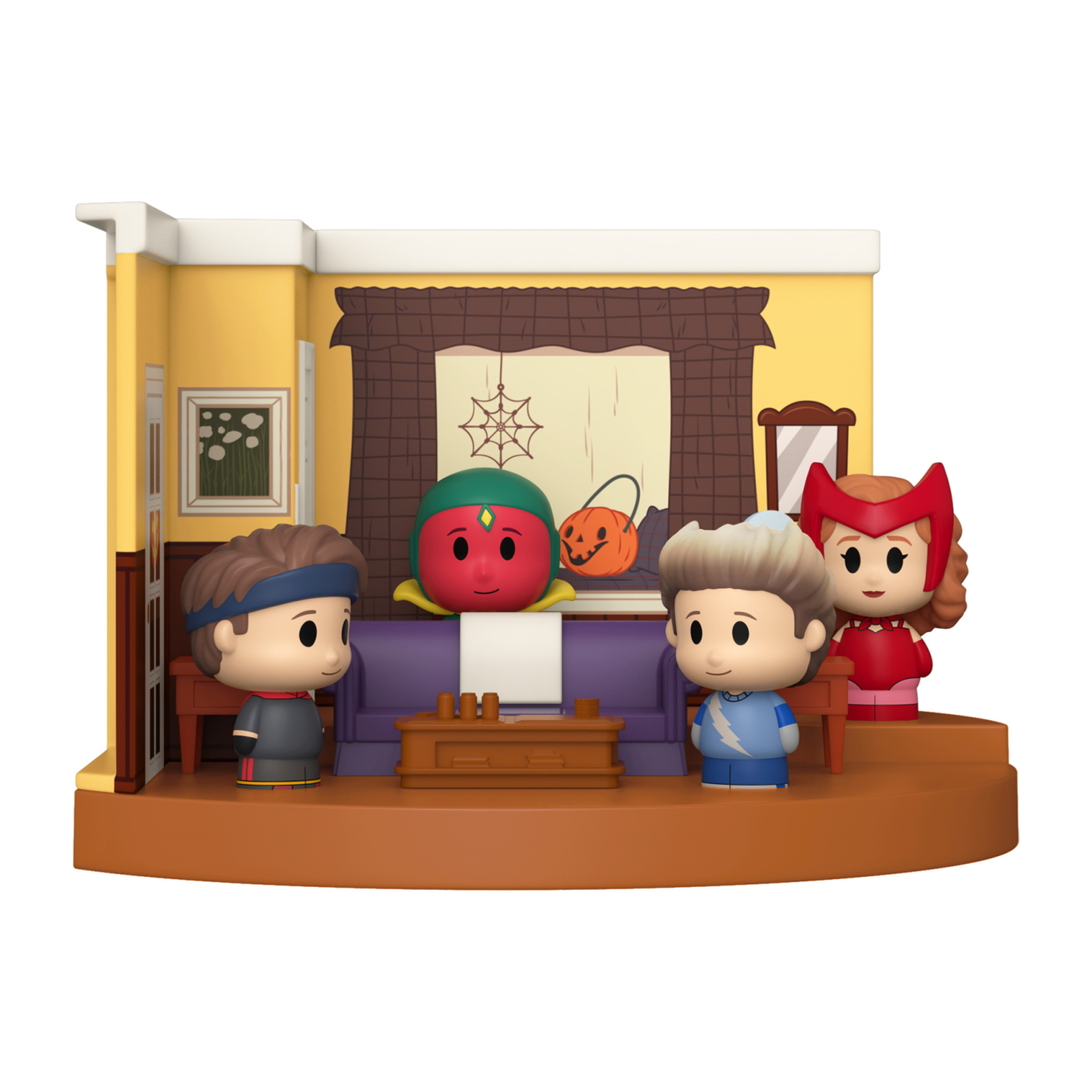 Diorama Funko Pop con personaggi di WandaVision: Vision, Wanda e altri.