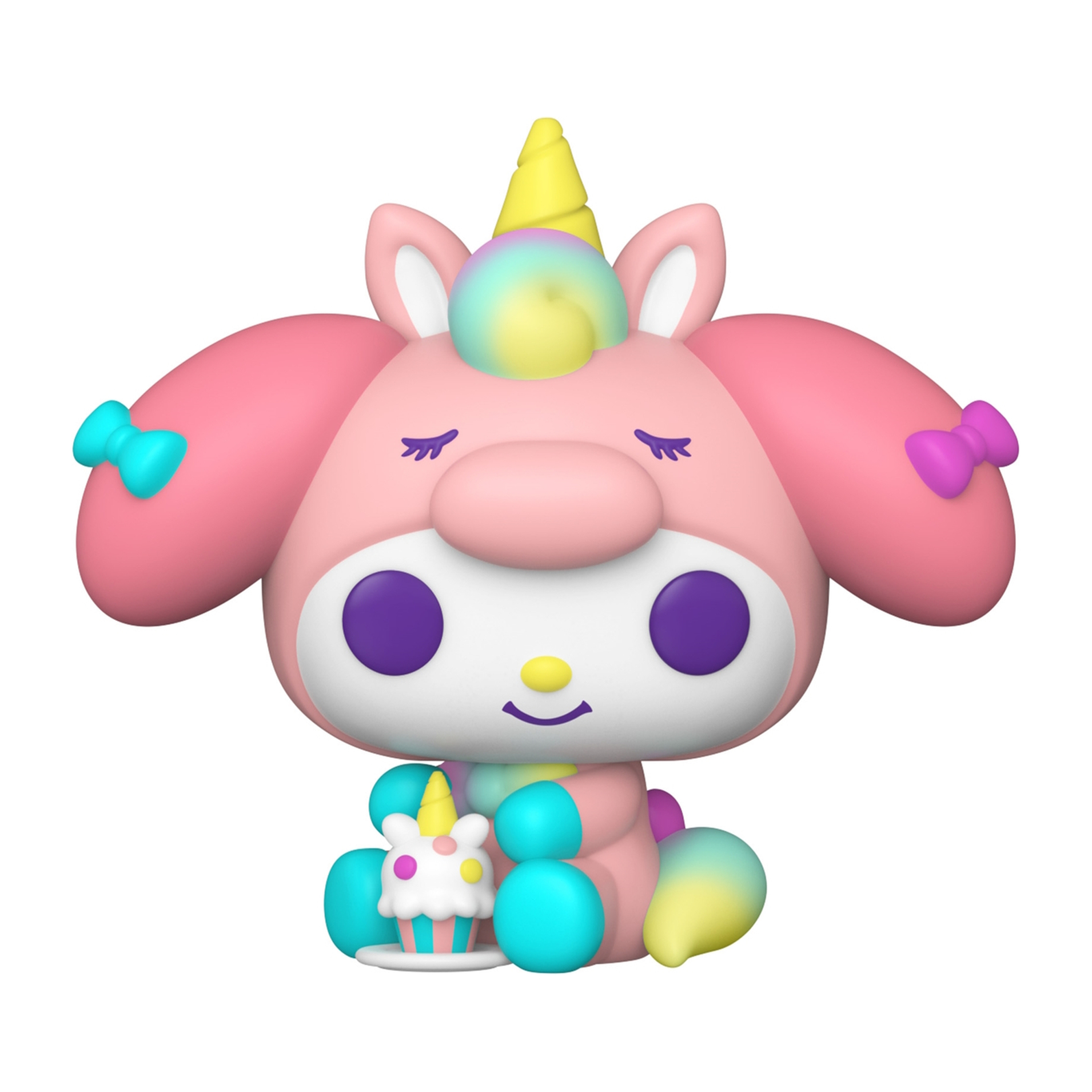 Una figura rosa de My Melody con un cuerno de unicornio, sosteniendo una magdalena.