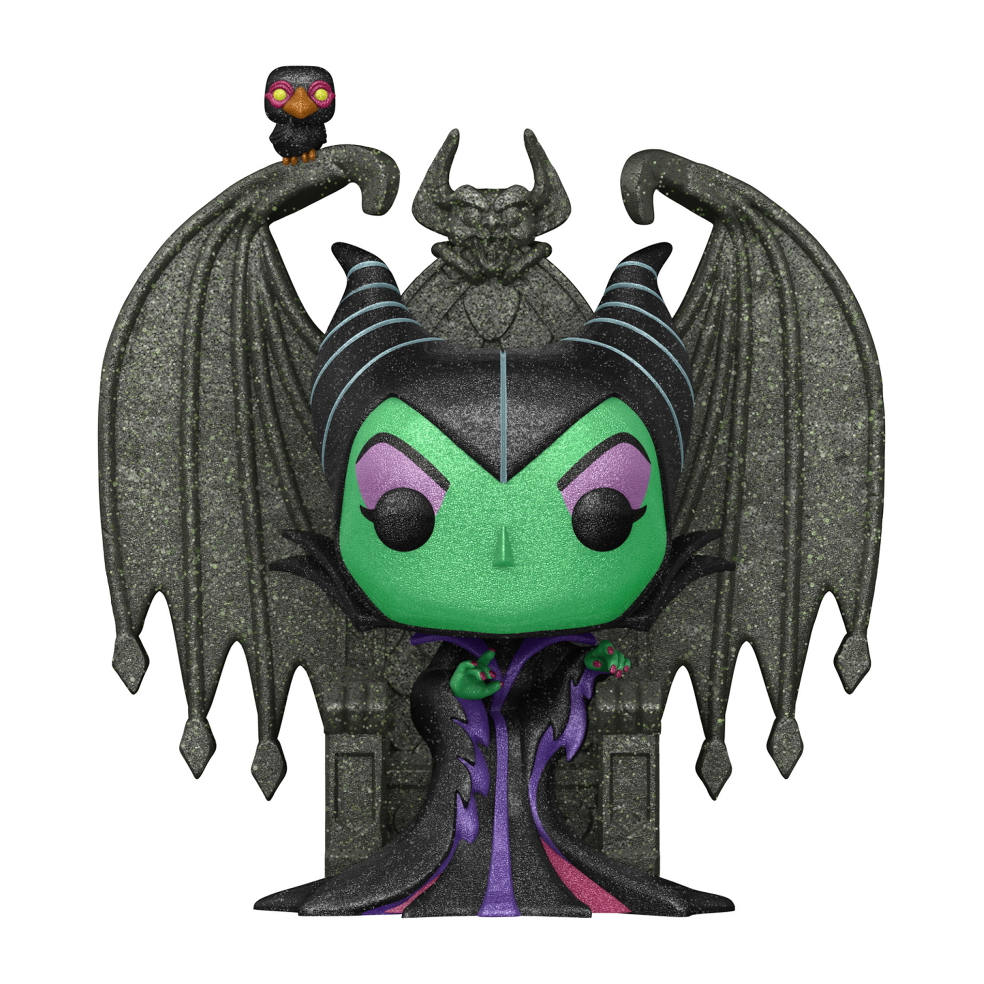 Figura Funko Pop di Malefica. È verde, indossa nero e viola. Con il suo bastone su un trono di pietra.