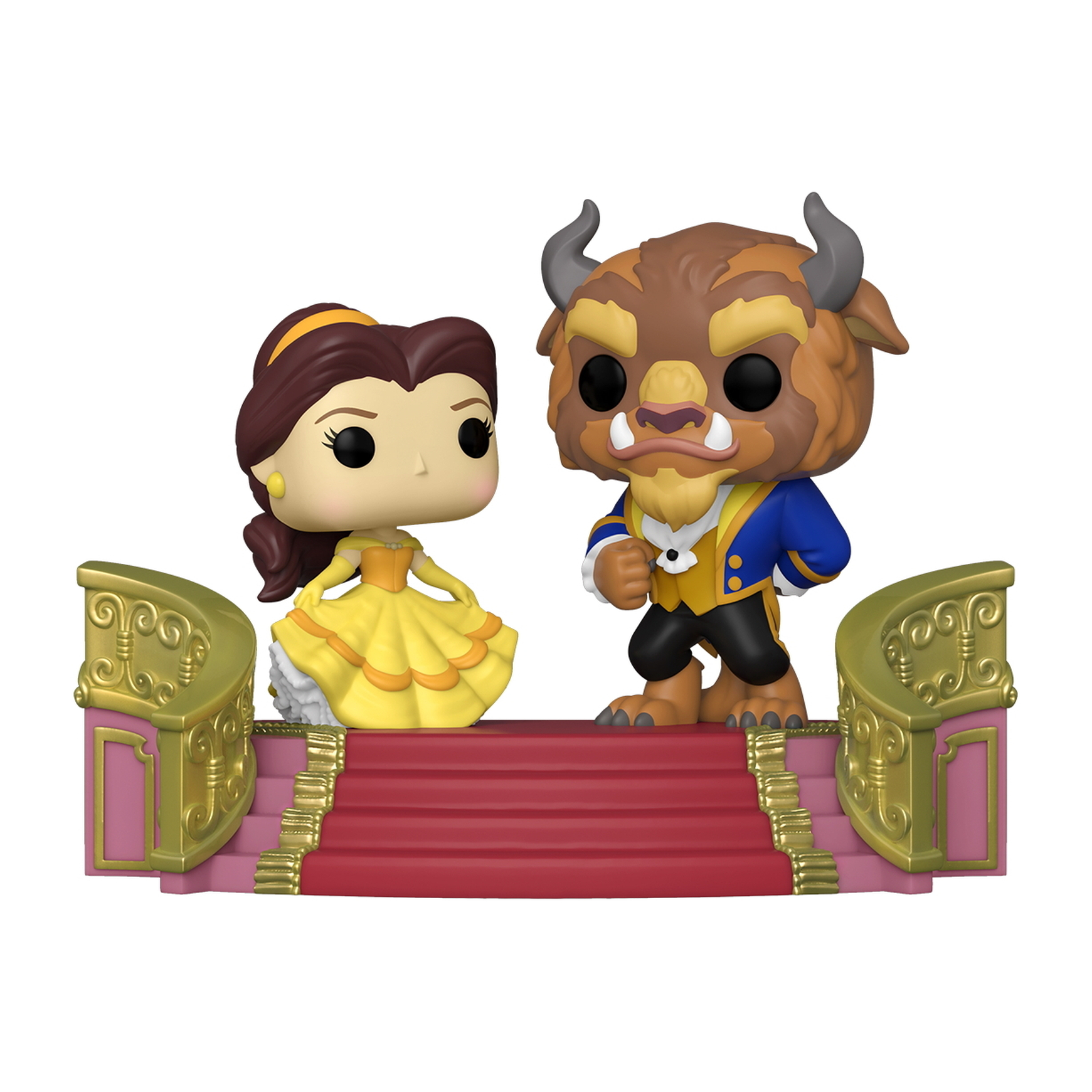 Personaggi Funko Pop di Belle e Bestia su una scala decorativa rossa e oro.