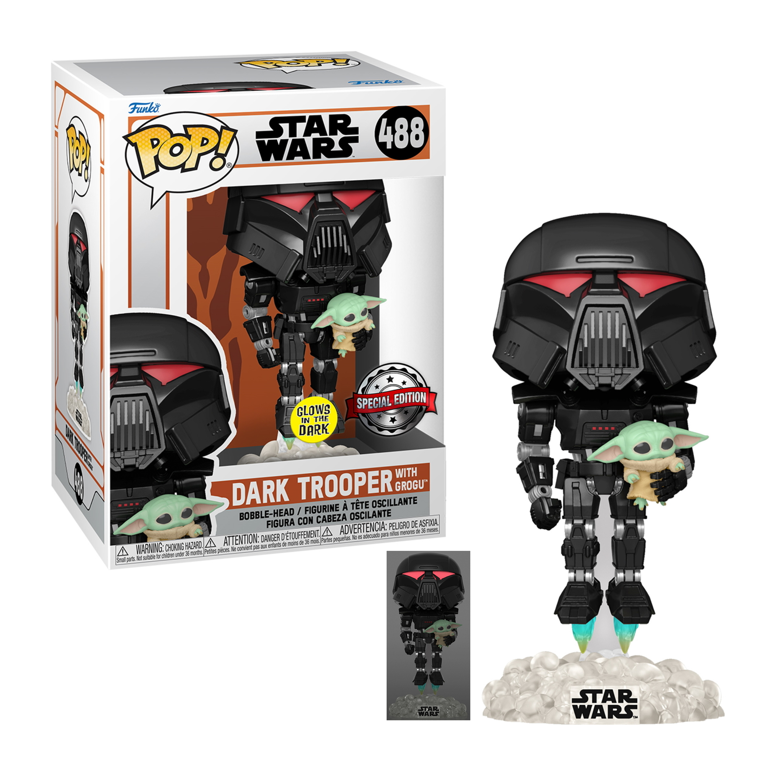 Figurka Funko Pop Dark Trooper trzymająca Grogu, z pudełkiem w tle.