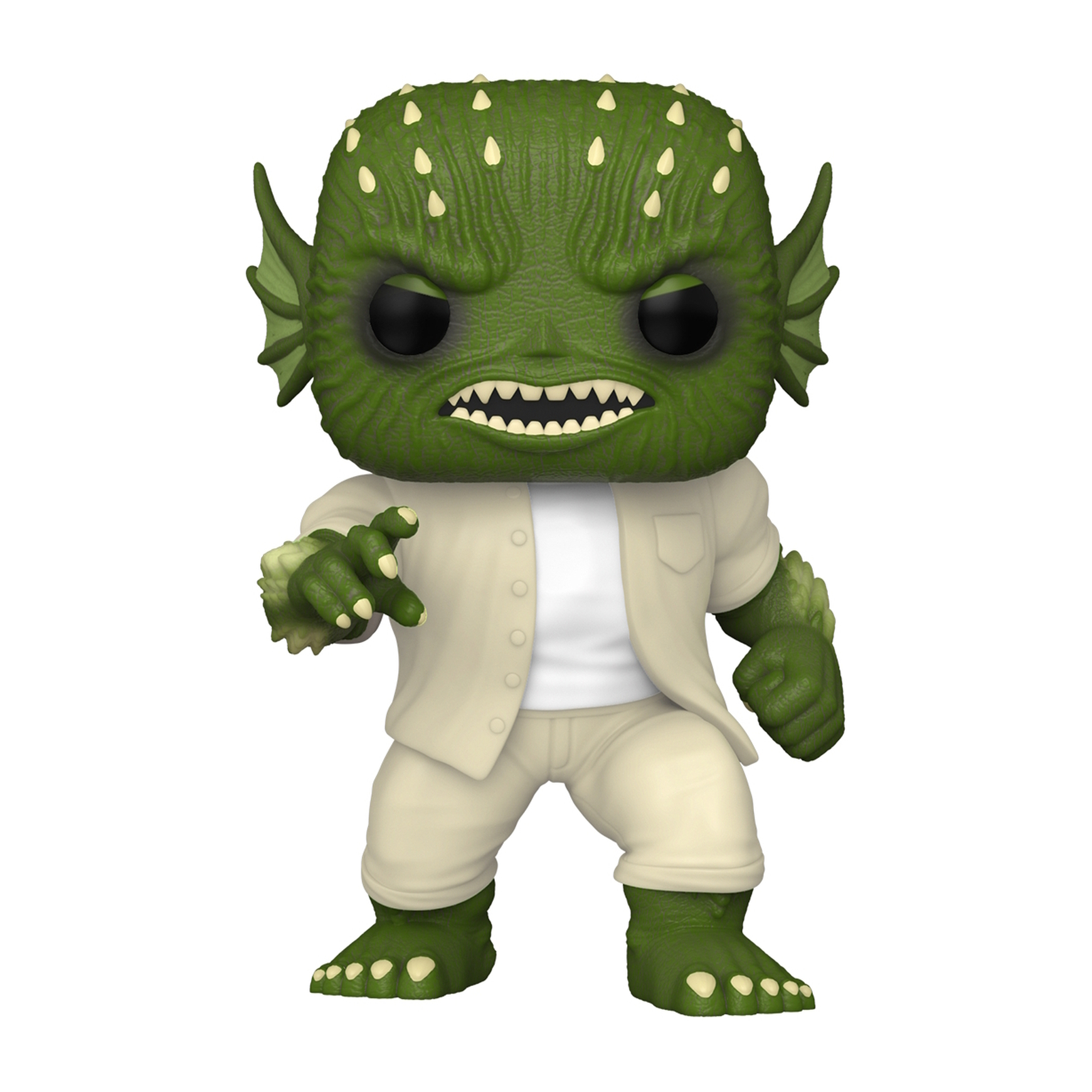 Funko Pop! di una creatura. Verde, mostruoso, con camicia e pantaloni bianchi.