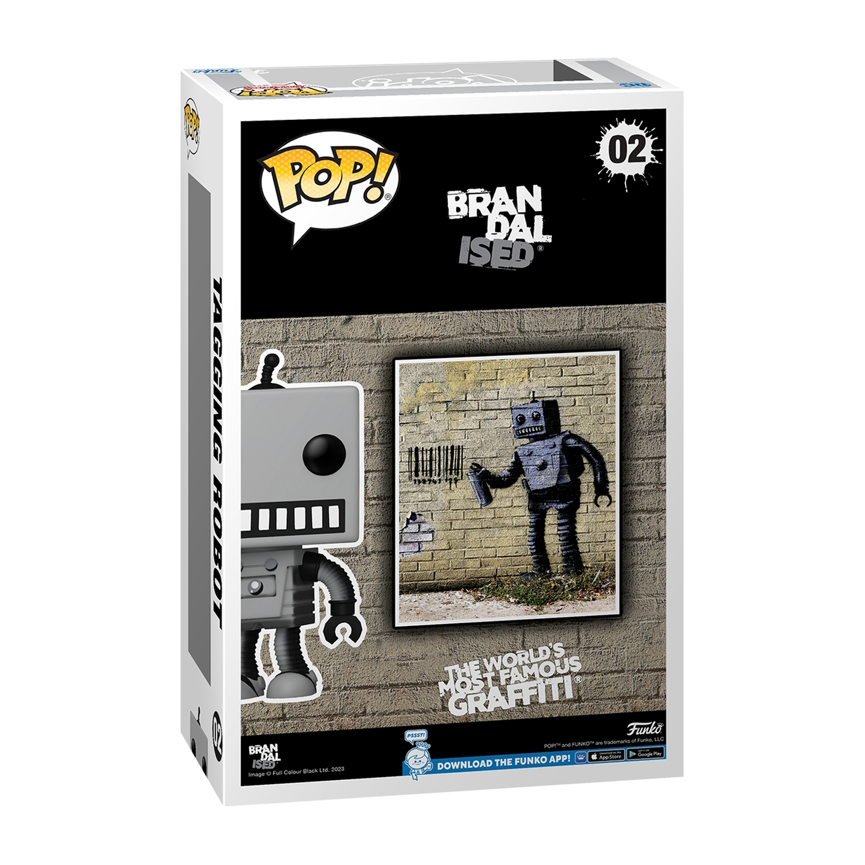 Una scatola Funko Pop con una figura di arte di graffiti di robot con le parole "TAGGING ROBOT" sul lato.