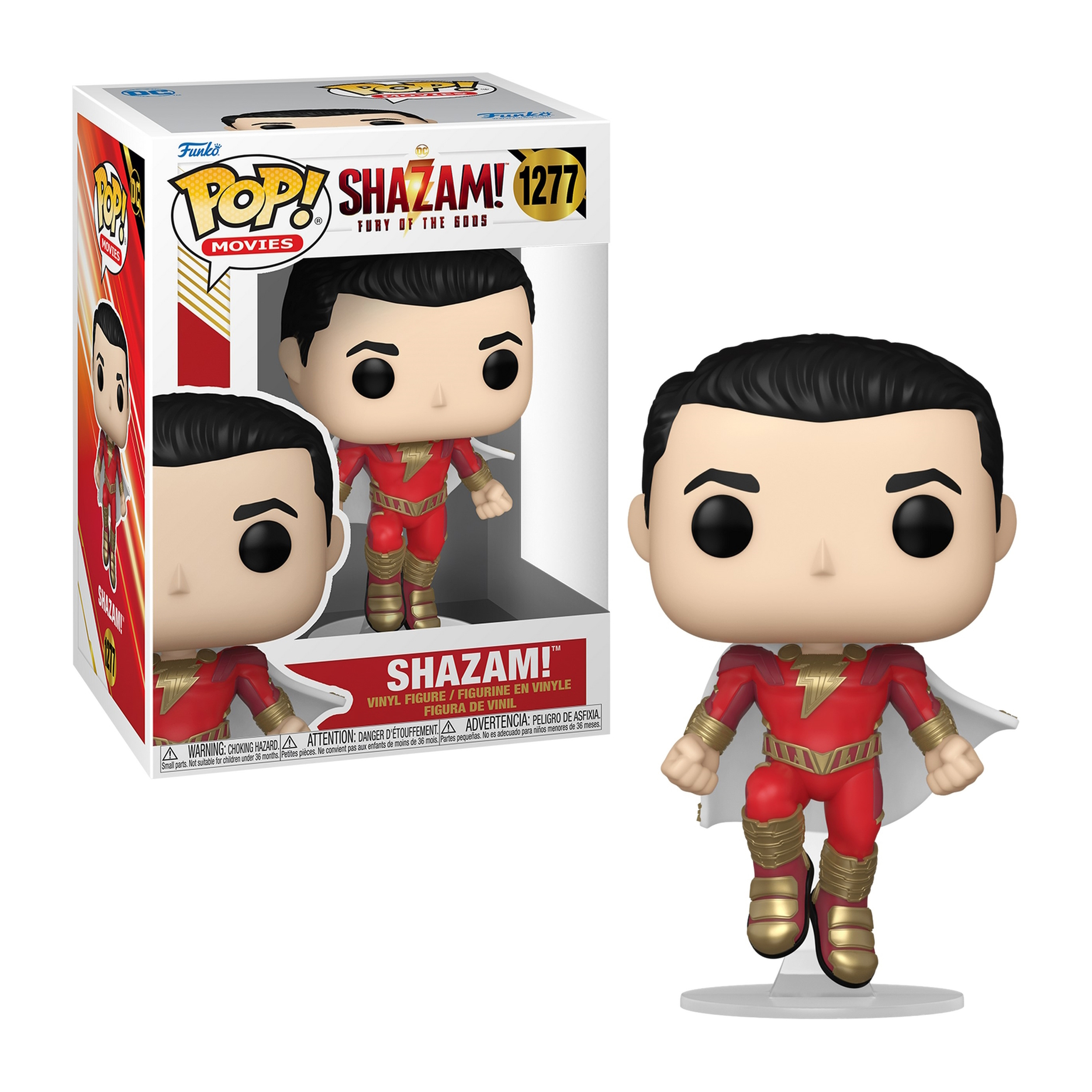 Shazam! Funko Pop Figur mit Box. Figur ist rot, gold und weiß.
