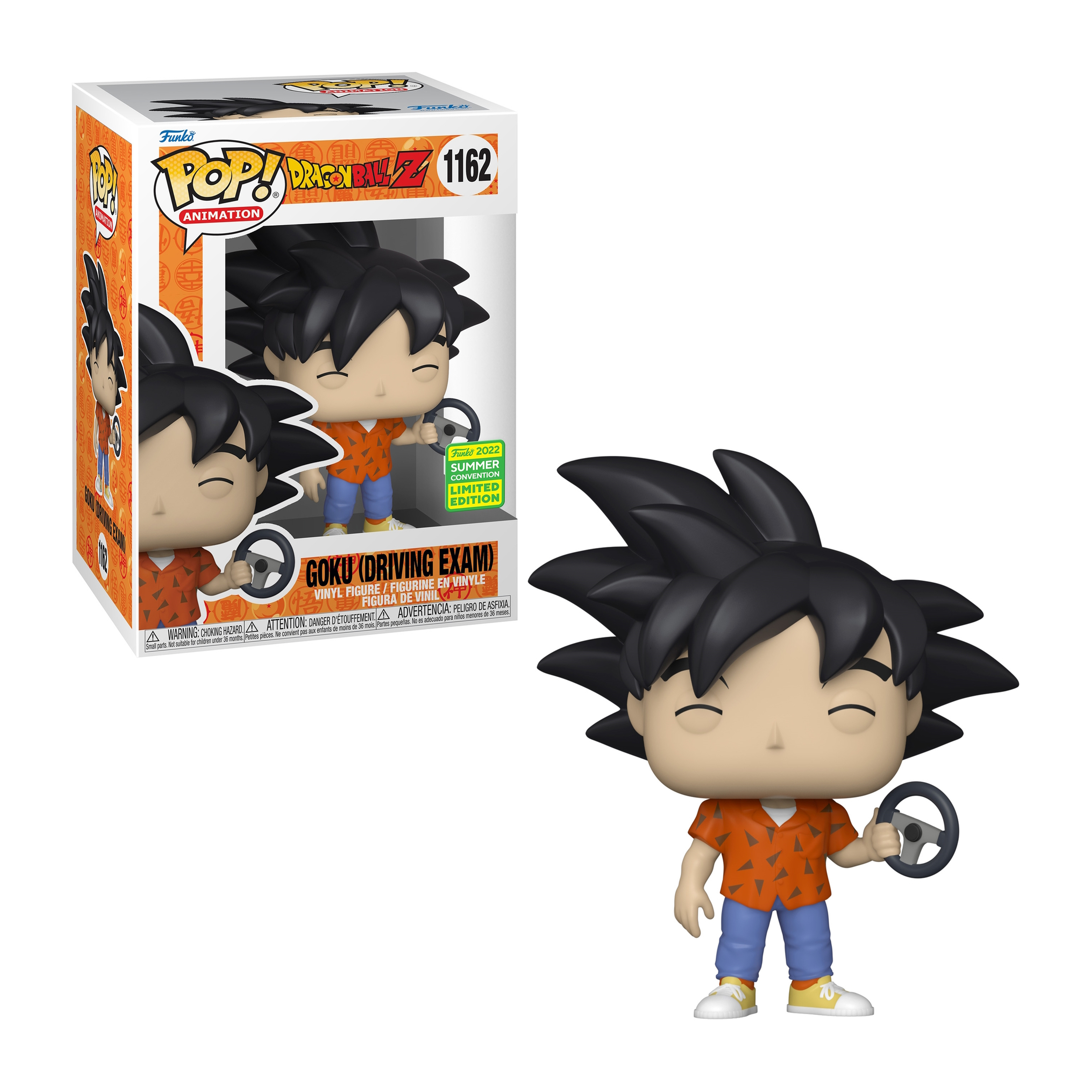 Una statuetta di Goku di Dragon Ball Z, che tiene una ruota, con una scatola.