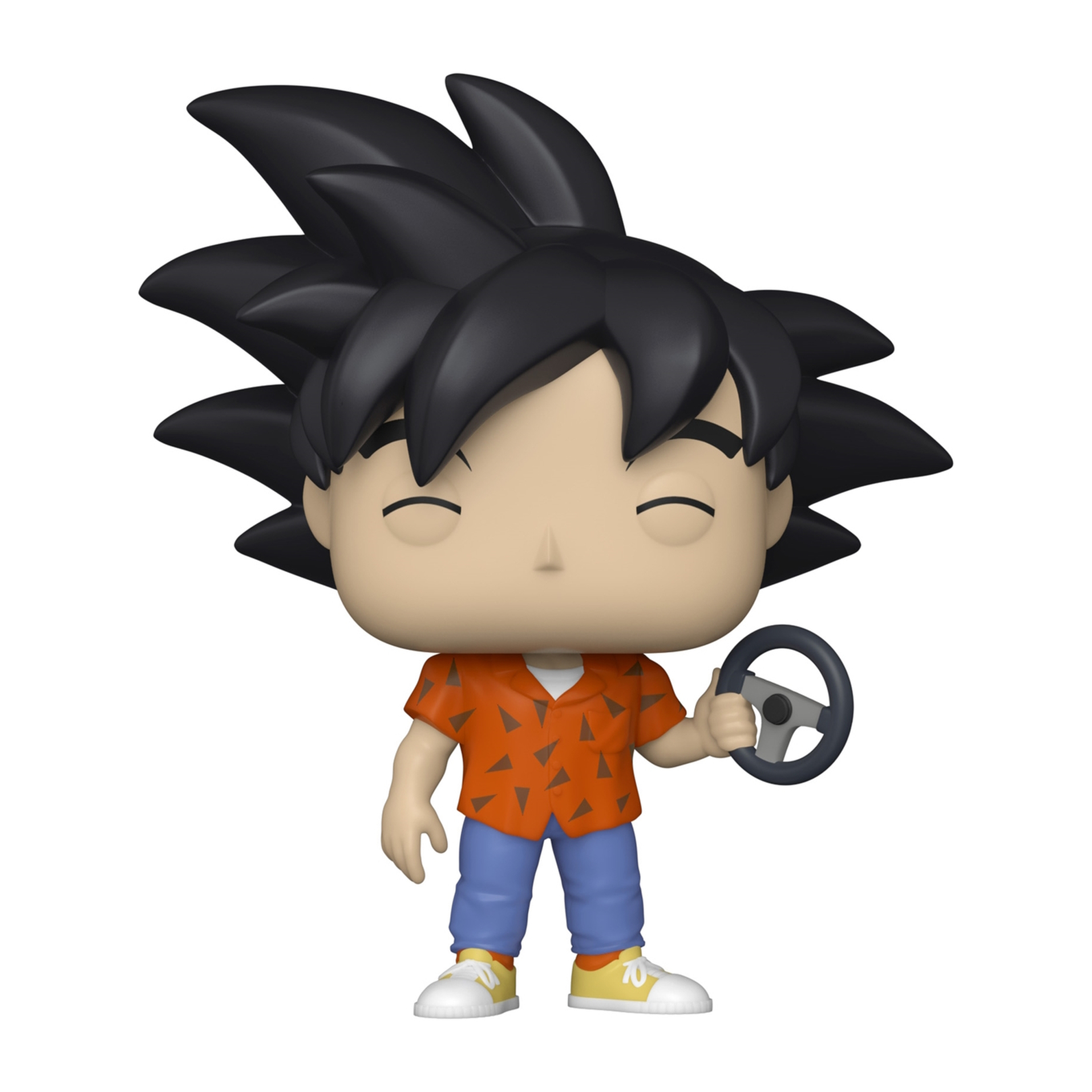Figura Funko Pop di Goku con un volante. Indossa una camicia arancione e pantaloni blu.