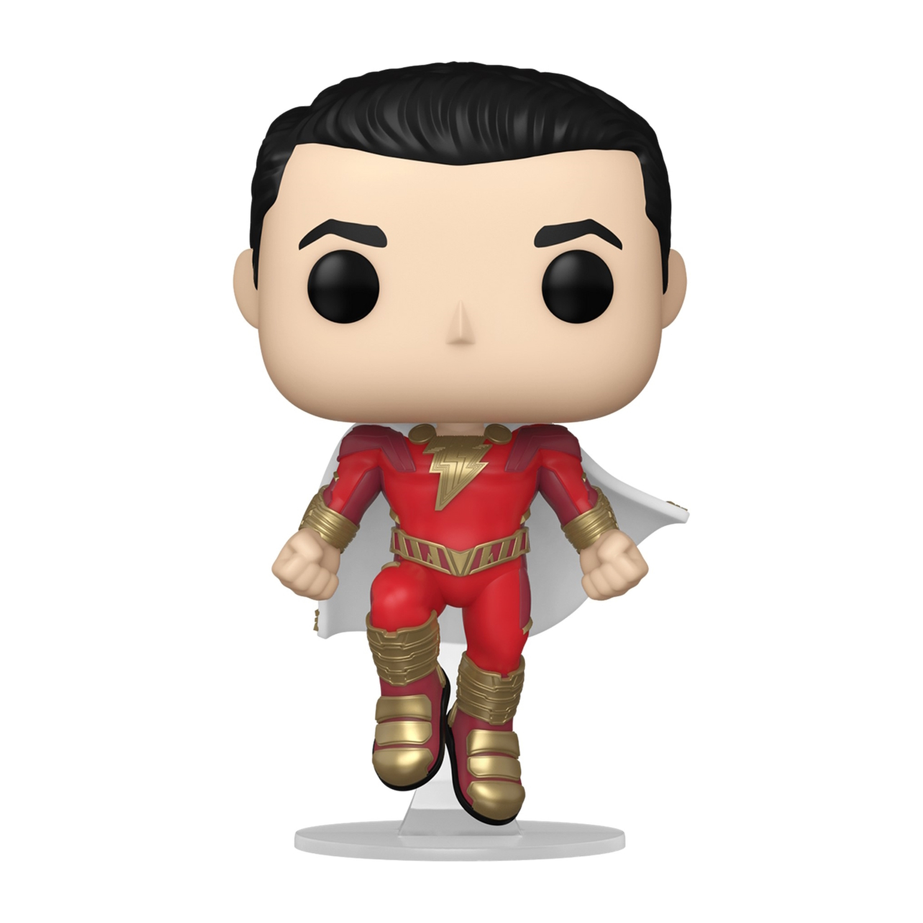 Funko Pop Figur von Shazam, in rotem und goldenem Kostüm, weißem Umhang. Weißer Hintergrund.