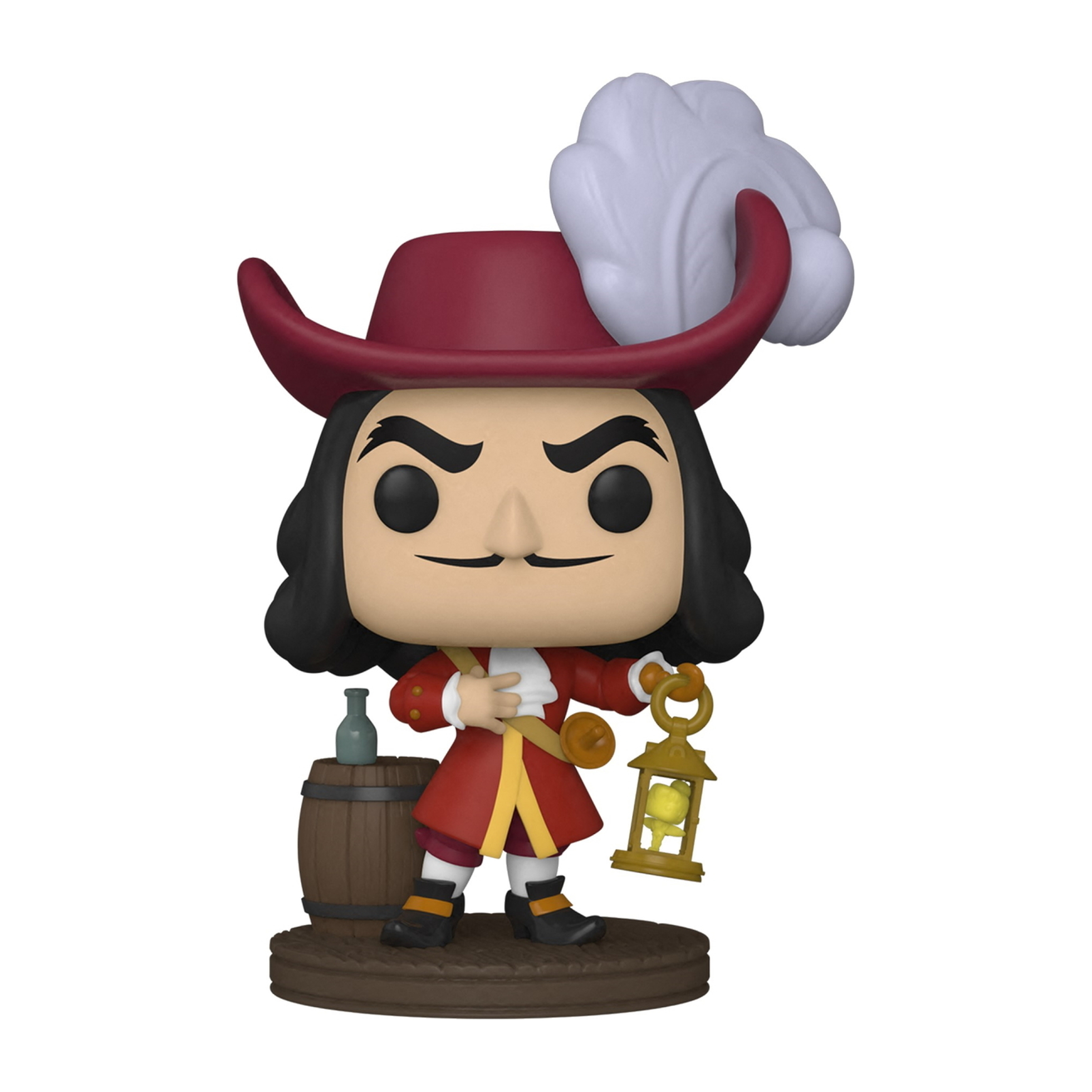 Figura Funko Pop di Capitan Uncino con cappello rosso, lanterna e bottiglia.