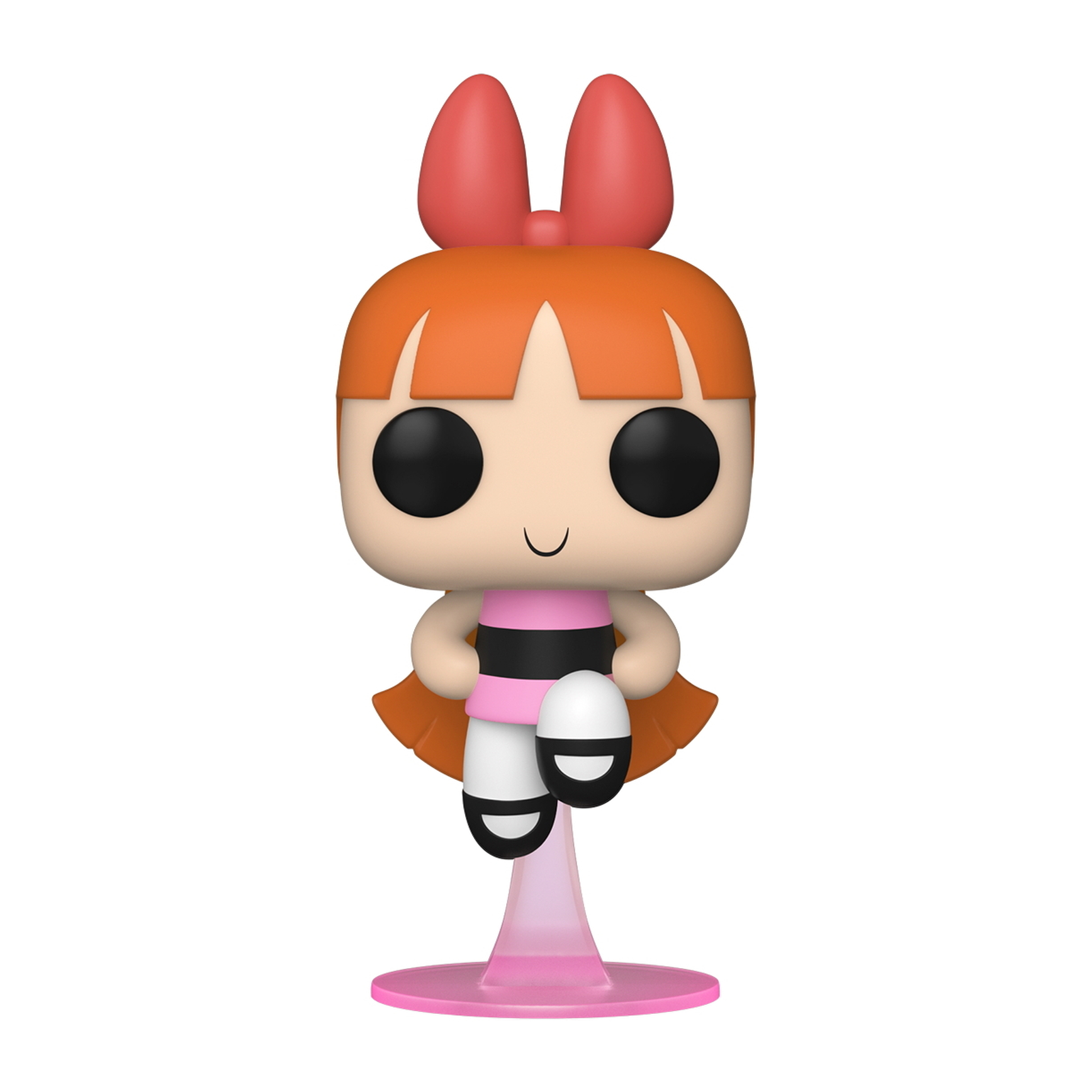 Una figura Funko Pop di Blossom. Ha capelli e fiocco rossi, un vestito rosa e una striscia nera. È su un supporto rosa.