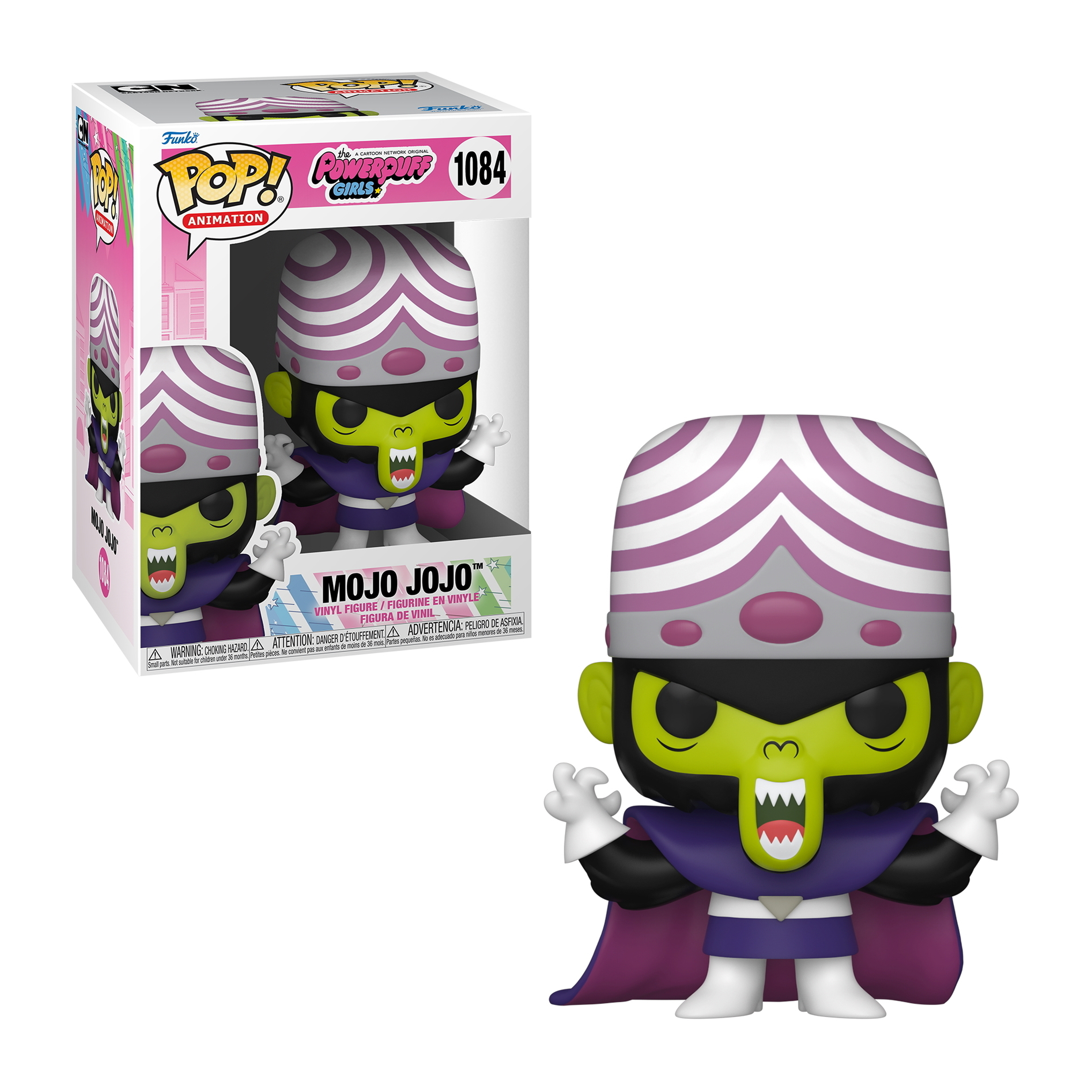 Figura Mojo Jojo Funko Pop en caja. La caja muestra a Mojo Jojo y su nombre.