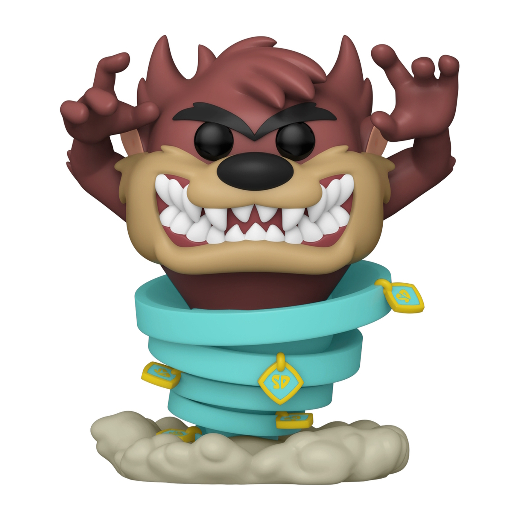 Taz, eine Funko Pop Figur. Zeigt Taz in einem Tornado, mit erhobenen Armen und blauem Wirbel.