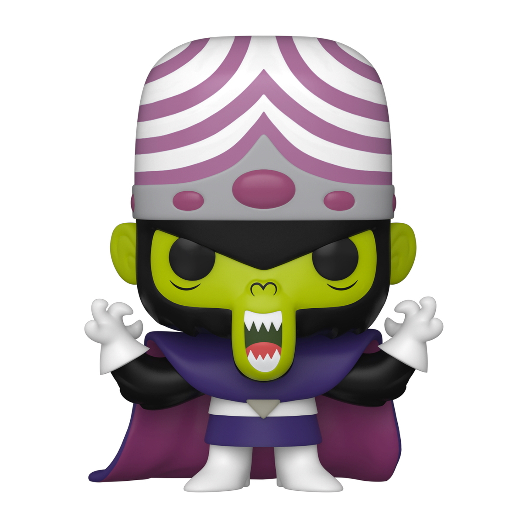 Figura de dibujos animados de Mojo Jojo con piel verde, pelo negro y un casco blanco. Fondo: blanco.