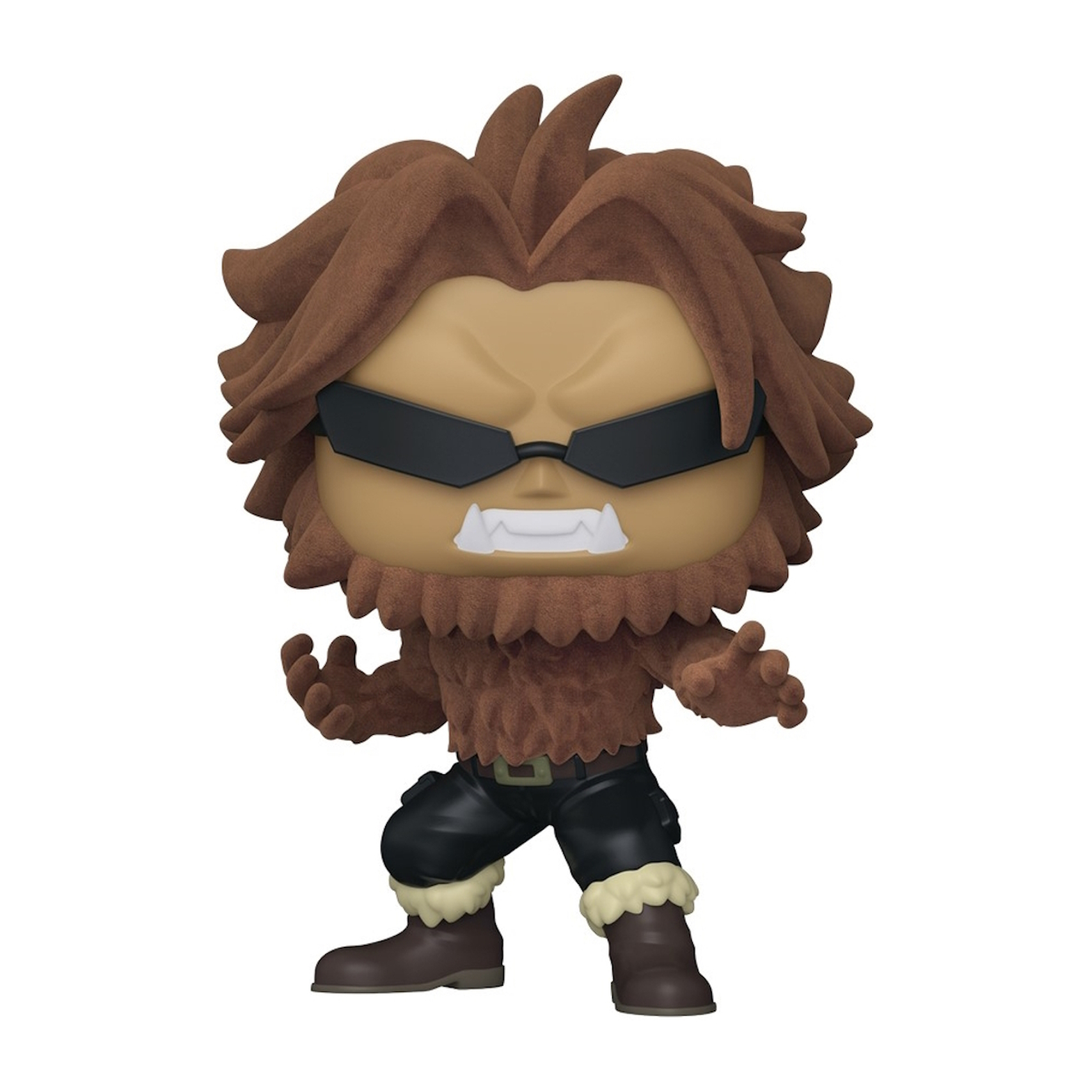 Una figura Funko Pop de un personaje de dibujos animados con pelo marrón y gafas de sol.
