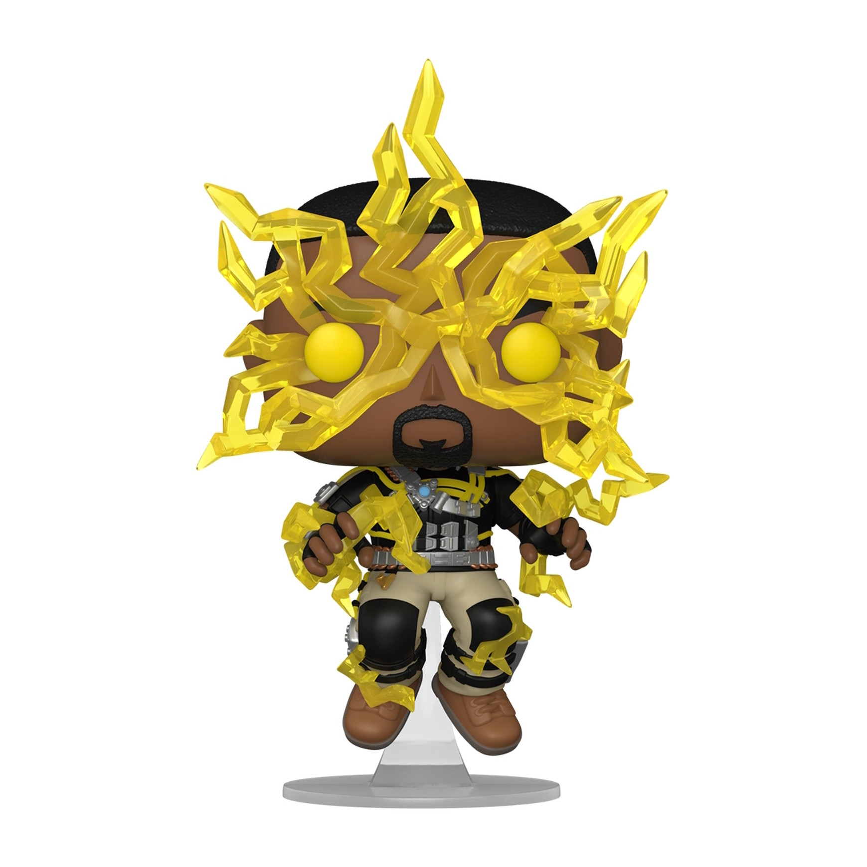 Figura Funko Pop de un hombre con efectos de rayo amarillo. Está de pie en una base.