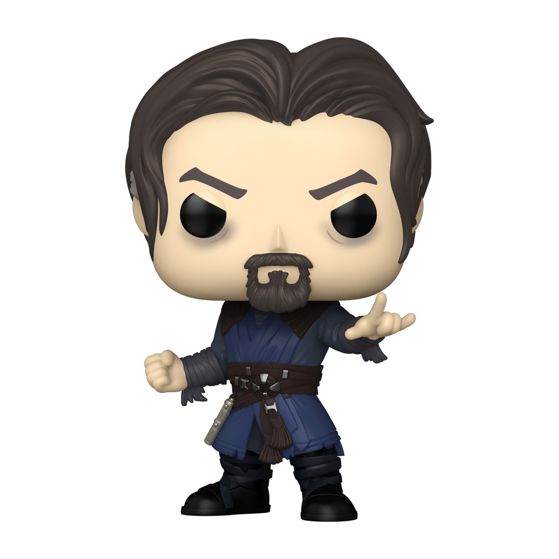 Figura Funko Pop di Doctor Strange. Abito blu, barba e capelli scuri. Tende una mano in un gesto.