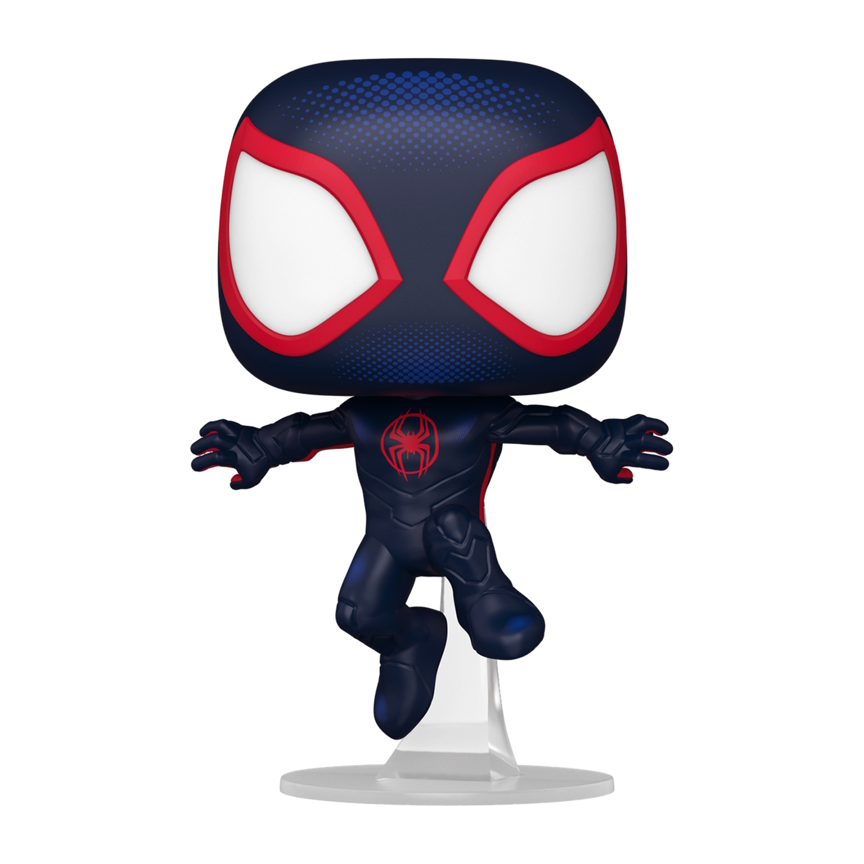 Funko Pop Figur von Miles Morales in seinem Spider-Man-Anzug, auf einem Ständer springend.