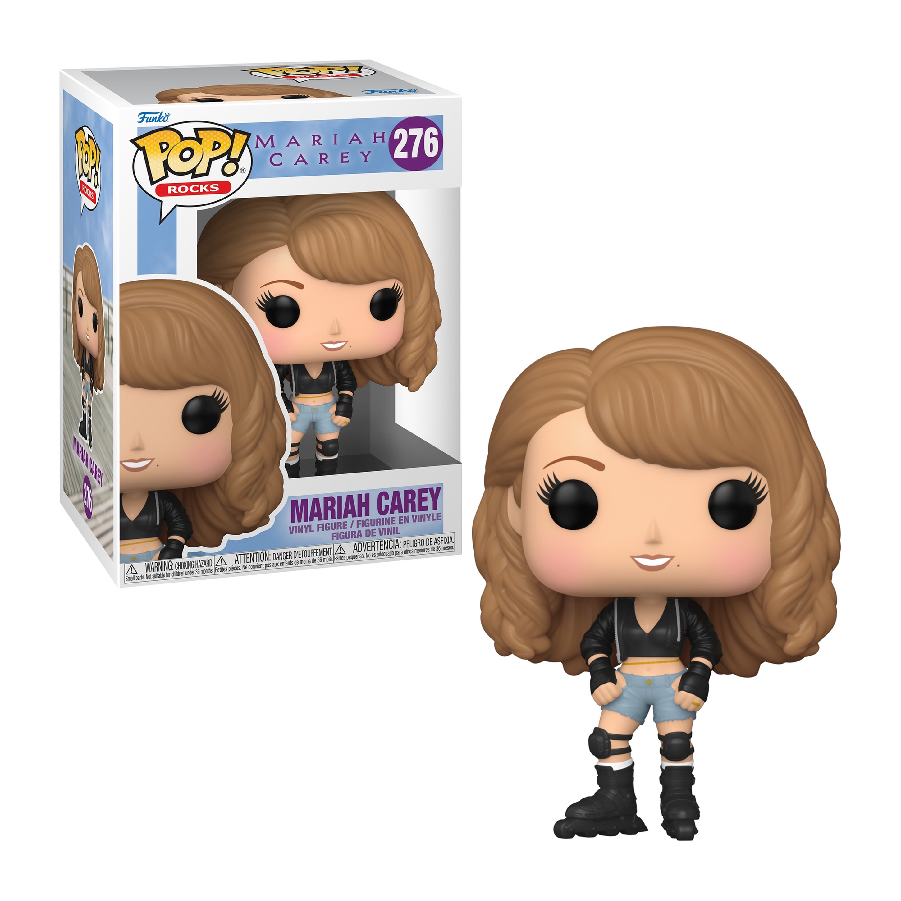 Mariah Carey Funko Pop Figur. Blondes Haar, schwarzes Oberteil, blaue Shorts, Rollschuhe. Weiße Box mit Bild. Weißer Hintergrund.