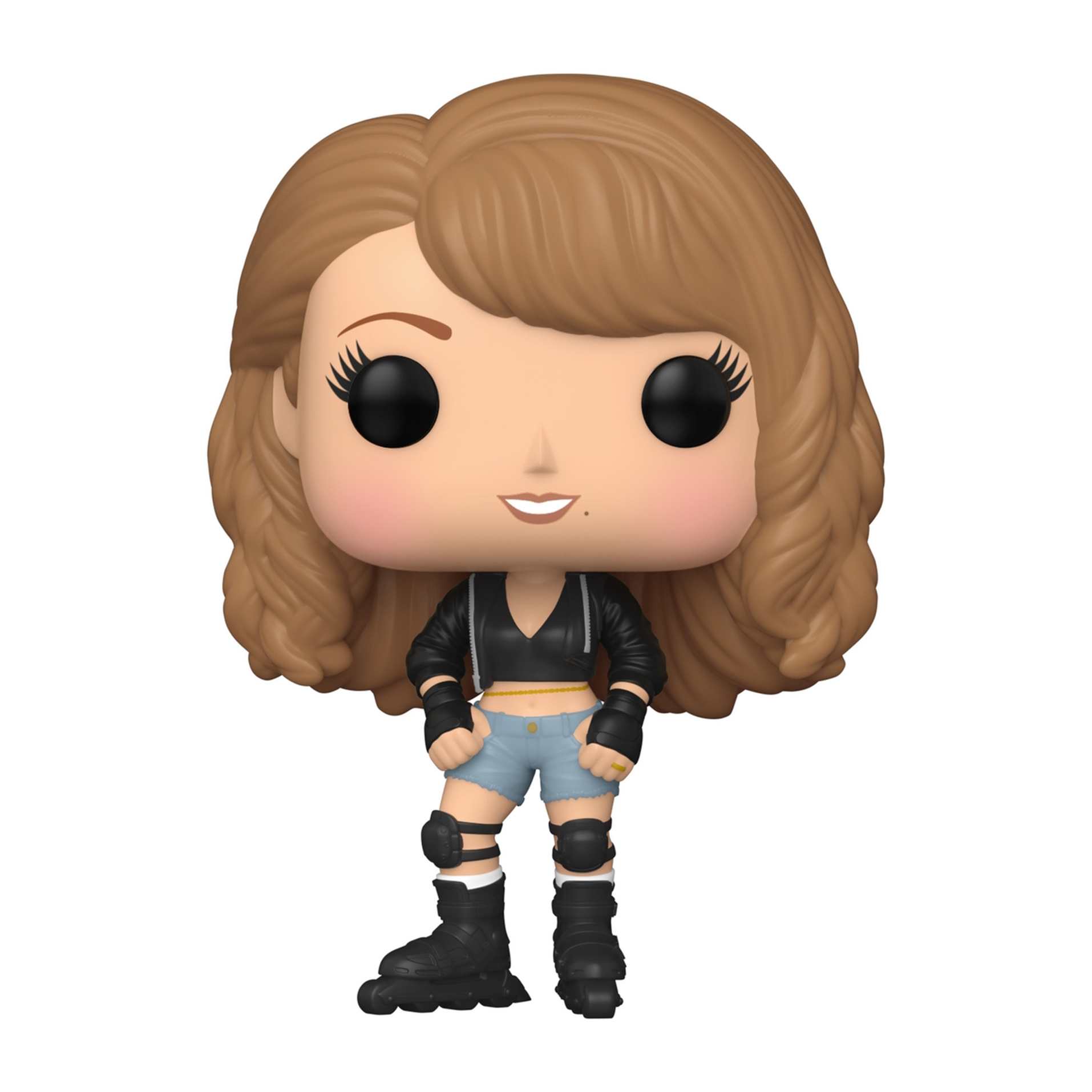 Funko Pop Figur einer Frau in schwarzem Oberteil, Shorts und Rollschuhen mit schwarzen Knieschonern.