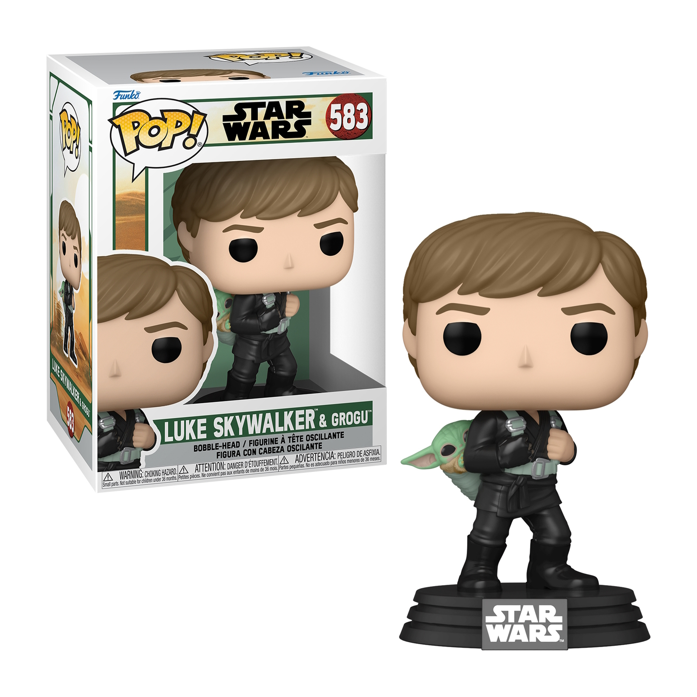 Eine Luke Skywalker & Grogu Funko Pop Figur in einer Box, Grogu auf seinem Rücken.