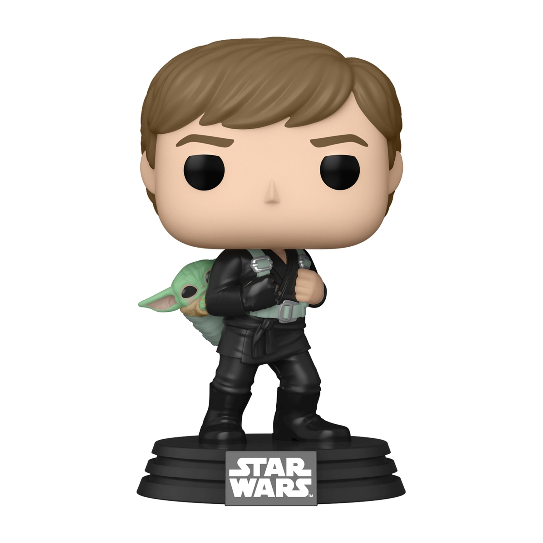 Funko Pop Figur von Luke Skywalker mit Grogu auf dem Rücken. Basis mit Star Wars Logo.