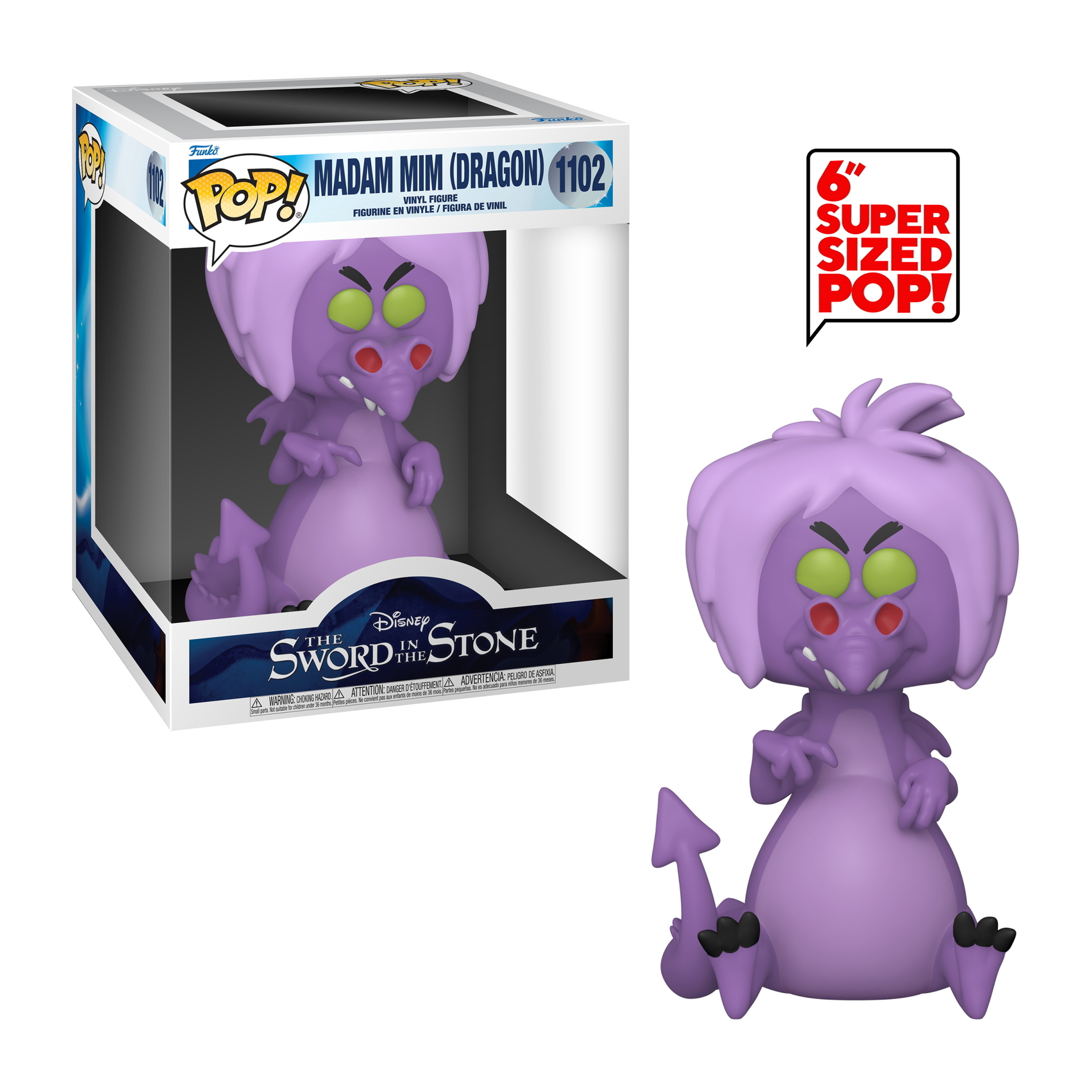 Una figura Funko Pop di Madam Mim in una scatola. La figura è viola, con occhi verdi. Accanto alla scatola, una figura.