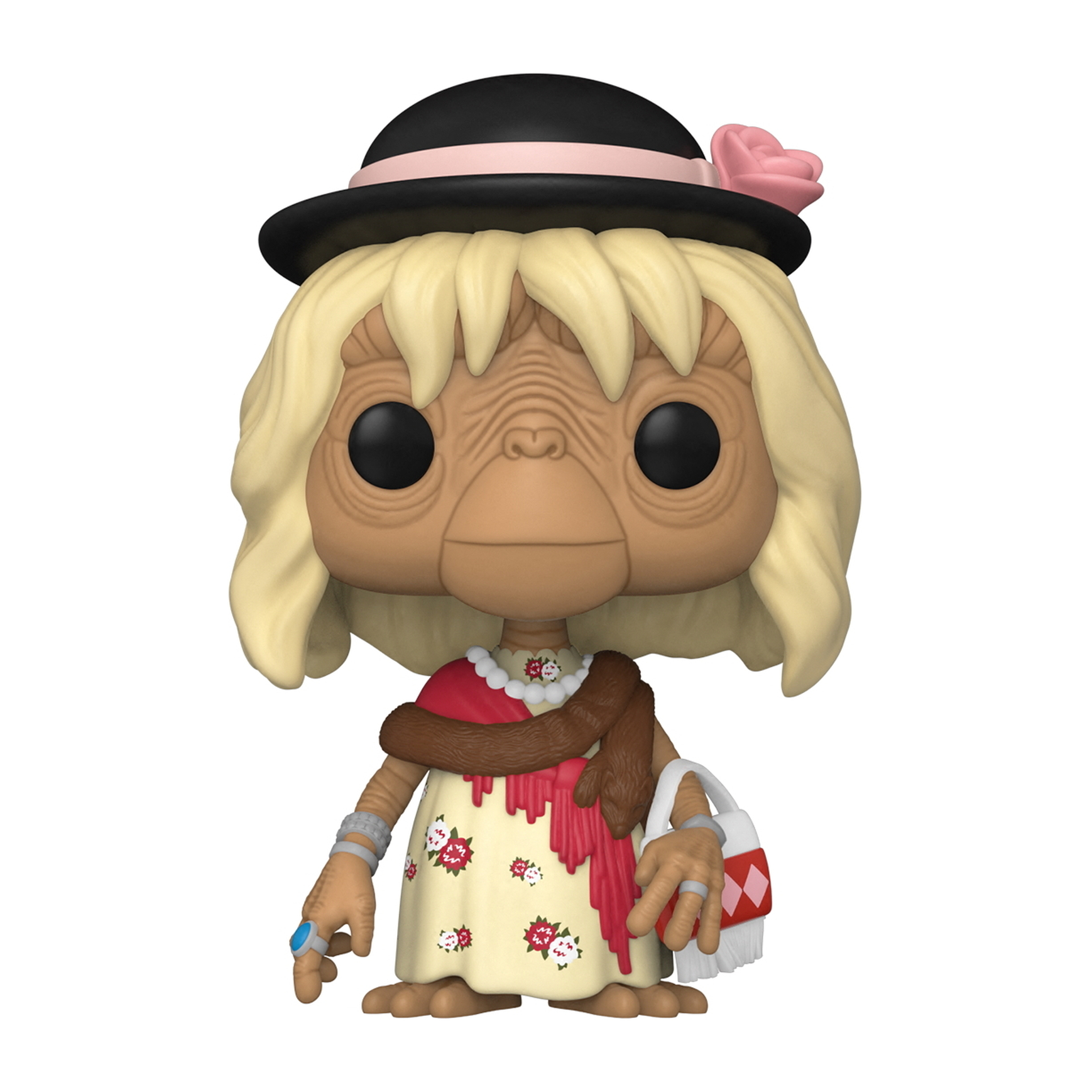 E.T. in geblümtem Kleid und Hut, mit Handtasche. Eine verspielte, stilisierte Figur.