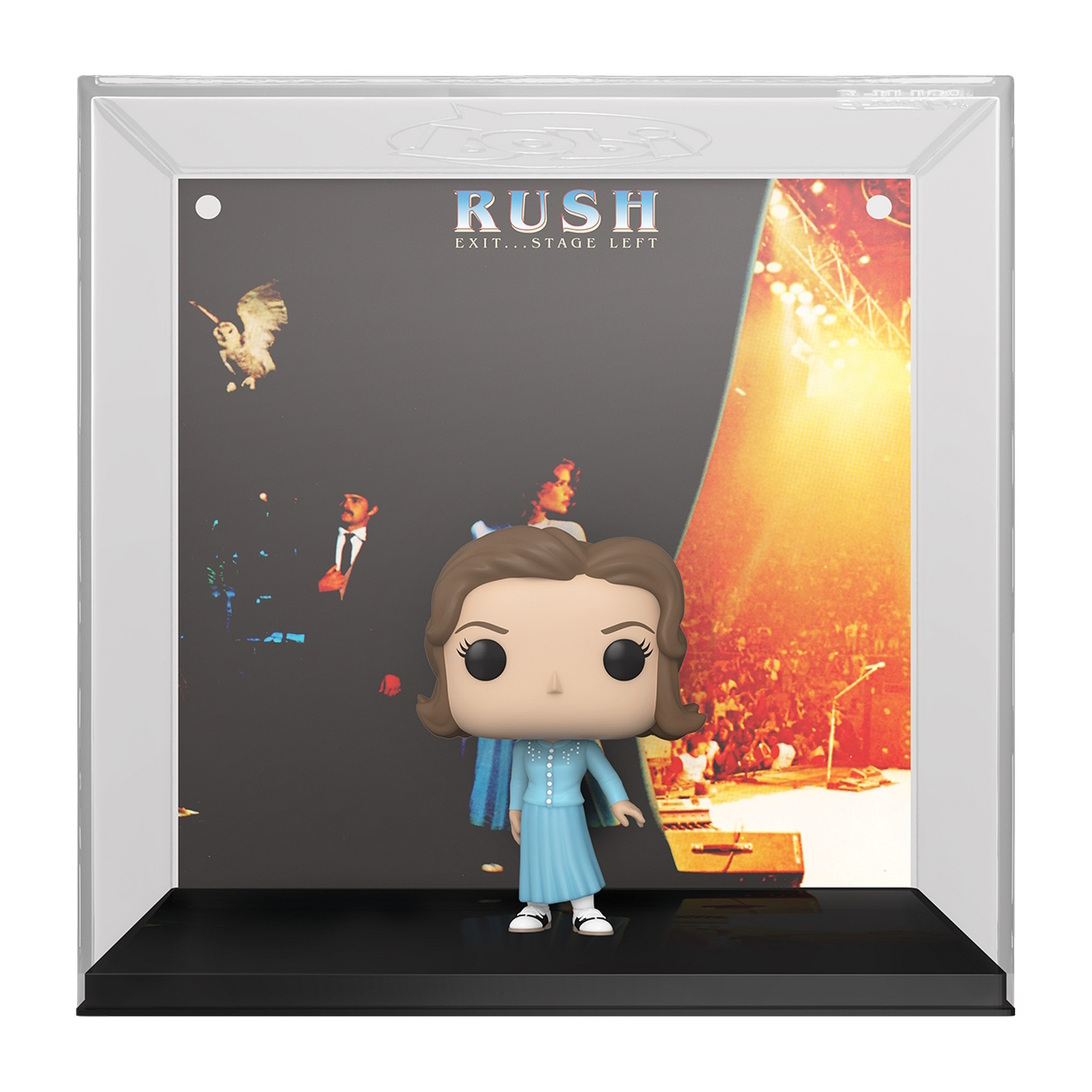 Funko Pop in una vetrina con sfondo di palco.