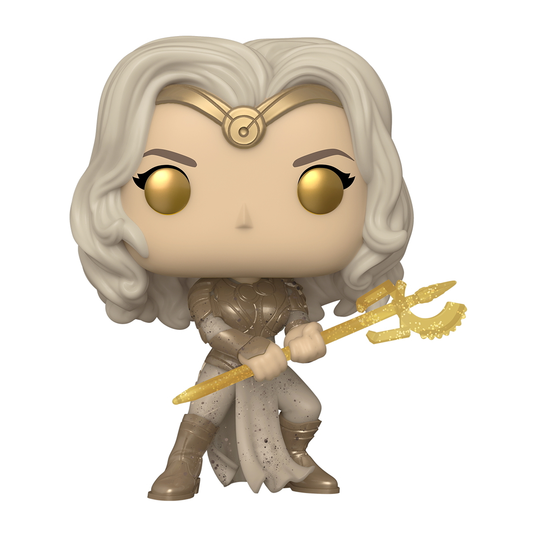 Figurka Funko Pop kobiety. Blond włosy, złote akcesoria. Trzyma złoty trójząb.