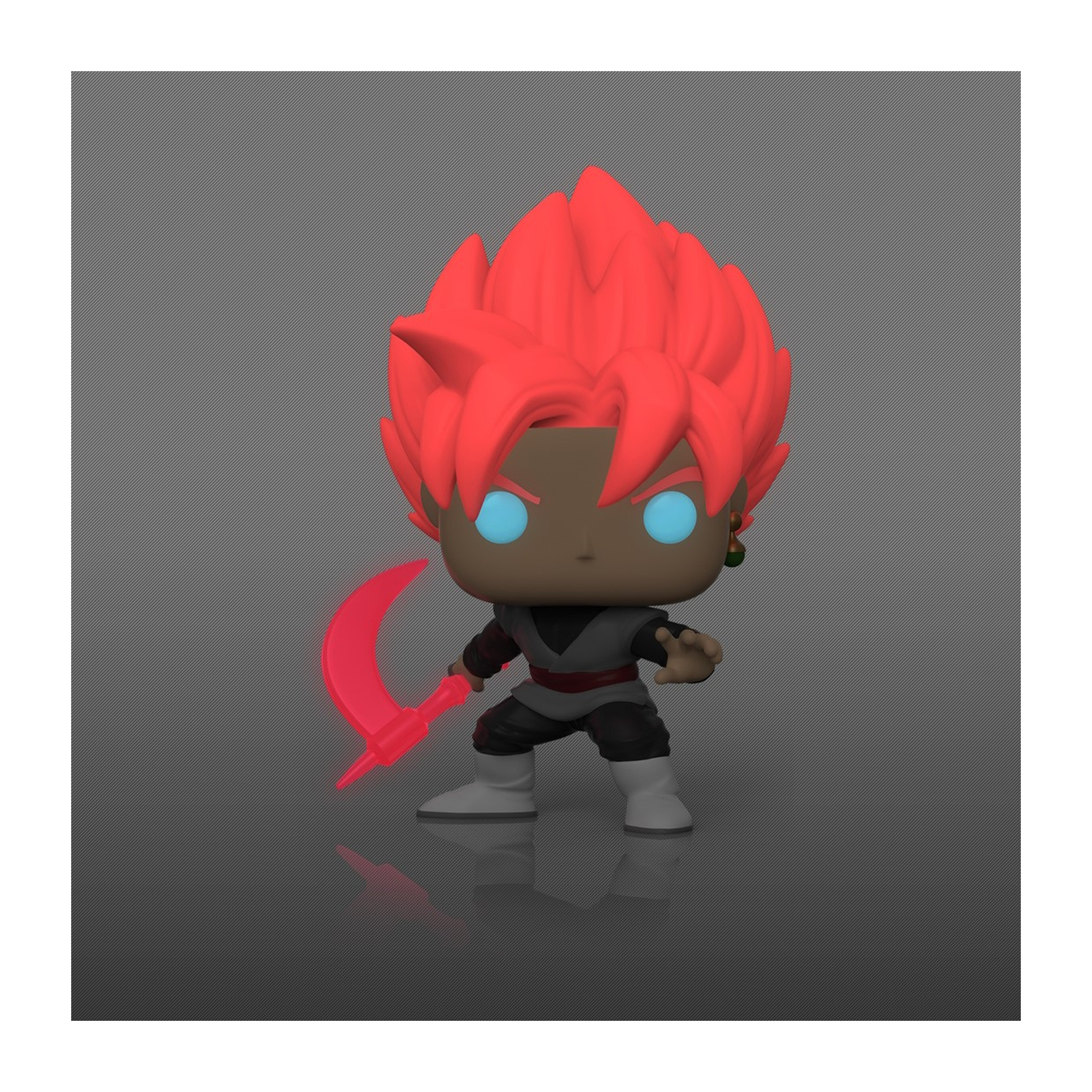 Figura Funko Pop di Goku Black che si illumina al buio con falce e capelli rossi.