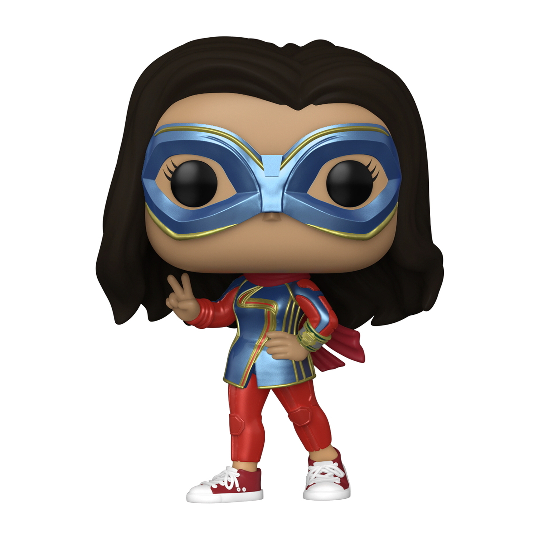 Funko Pop Ms. Marvel w kostiumie z niebieską maską, pokazująca znak pokoju.